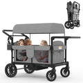 Xilingol 4-Seater Wagon Stroller for Kids, Foldable Outdoor Wagon with Canopy, Adjustable Handle, 5-Point Harness, Detachable Tray & Carry Bag (Grey)
