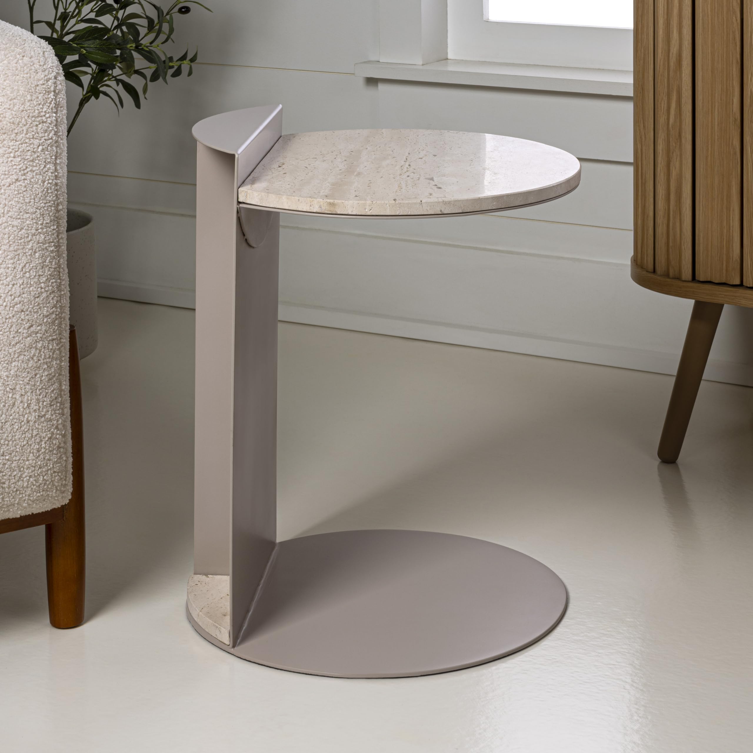 JONATHAN Y Evelyn Modern Natural Marble C-Shaped End Table, 20" Round Side Snack Table with Matte Pink Beige Iron Frame for Living Room, Small Accent Table for Sofa MTB1102A