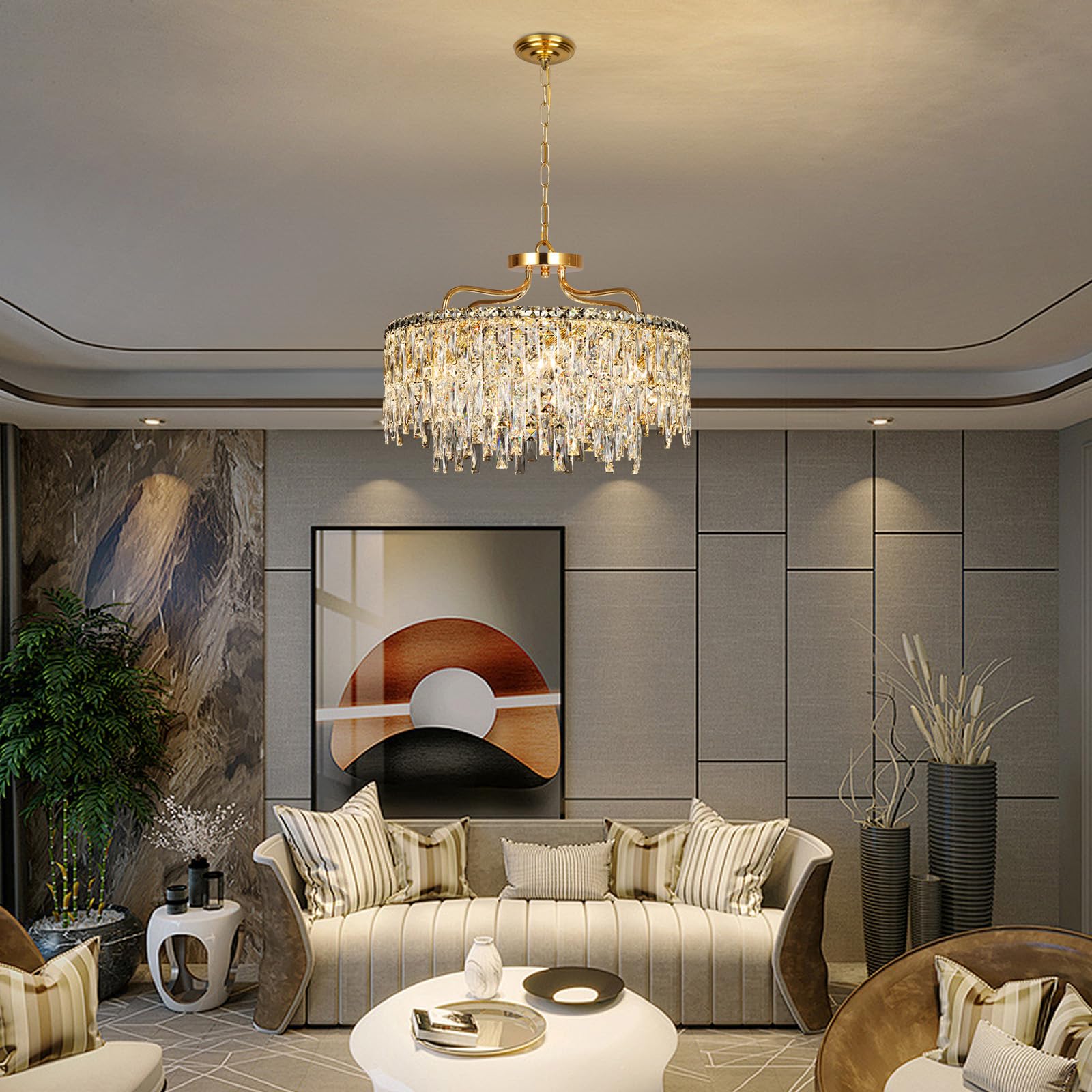NISIDUN Gold Crystal Chandeliers for Dining Room Light Fixture, 24" Modern Round Chandeliers，8 Lights Luxury Ceiling Pendant Ceiling Lighting for Dining Room Bedroom Entryway Foyer Staircase