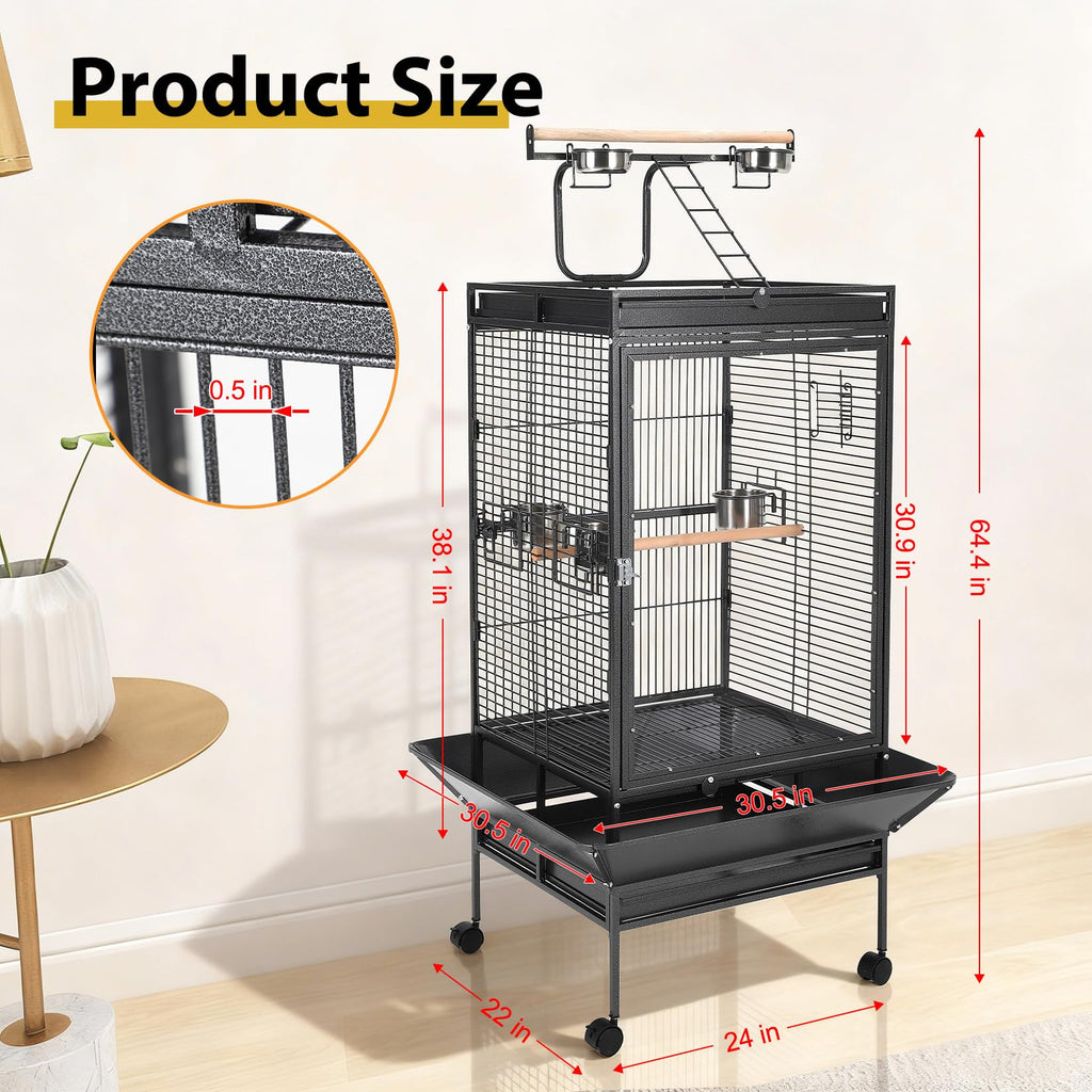 64.4" Tall Large Bird Cage, Metal Parrot Cage with Rolling Stand, Play Top & Bowls - Bird Aviary for Parrots, Parakeets, Conures, Cockatiels, Indoor Outdoor Aviary for Outside Porch Garden Yard