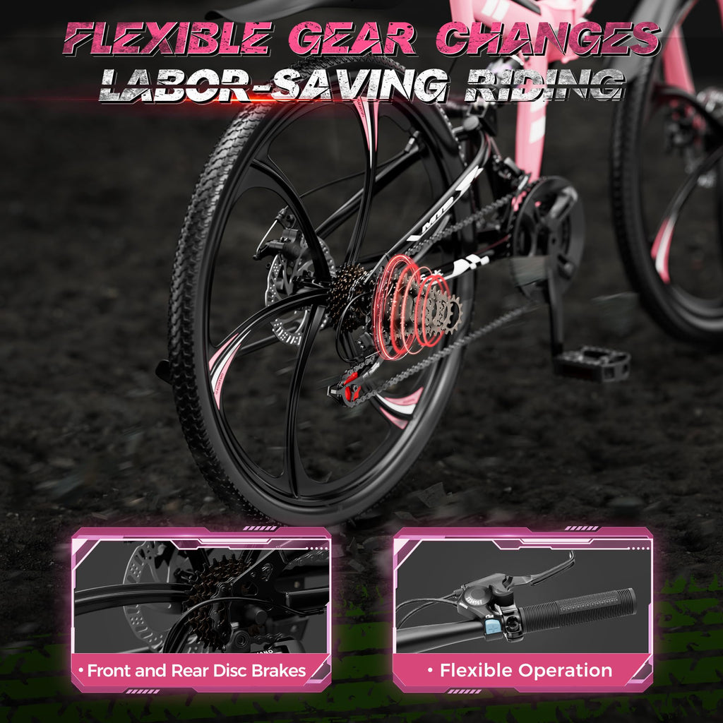 Outroad 26 Inch Folding Mountain Bike for Adults/Men/Women, 21 Speed Full Suspension High-Carbon Steel MTB Foldable Bicycle, Dual Disc Brake Non-Slip Folding Bikes, Pink
