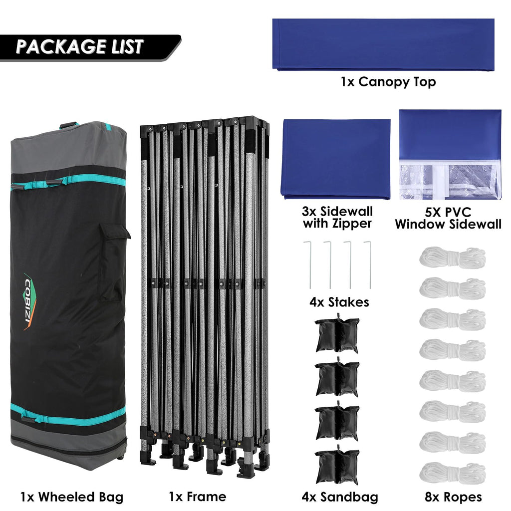 COBIZI 10x30 Heavy Duty Pop up Canopy with 8 sidewalls Stable Wedding Outdoor Tents for Parties Canopy Pop Up Party Tent UPF 50+ Waterproof Commercial Gazebo with Roller Bag, Navy Blue Upgraded