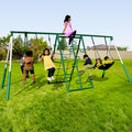 Sportspower Swing Climb and Glide Metal Swing Set 6 in 1: Heavy-Duty A-Frame, Belt Swing, Glider, Saucer, Climbing & Net Ladders (Green)