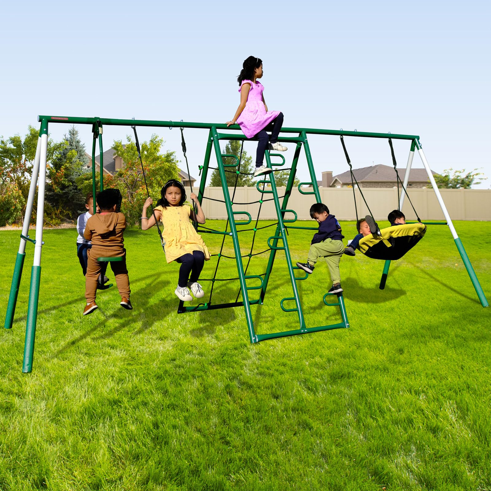 Sportspower Swing Climb and Glide Metal Swing Set 6 in 1: Heavy-Duty A-Frame, Belt Swing, Glider, Saucer, Climbing & Net Ladders (Green)