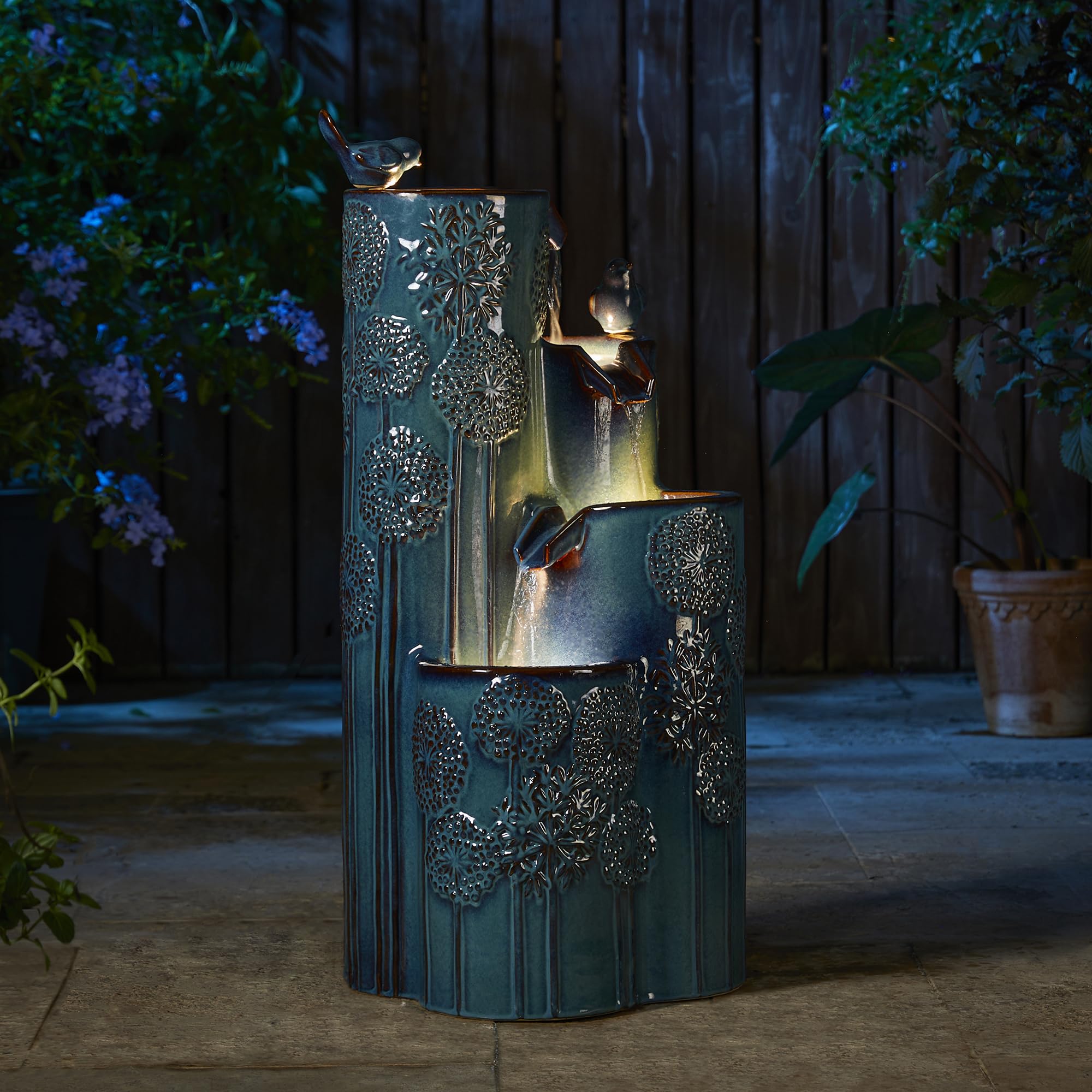 Glitzhome 31.75" H Outdoor Water Fountain with LED Lights and Pump, 4 Tier Dandelion Texture Vase Shaped Ceramic Floor Standing Fountain with Birds for Porch Deck Garden Patio Backyard, Turquoise