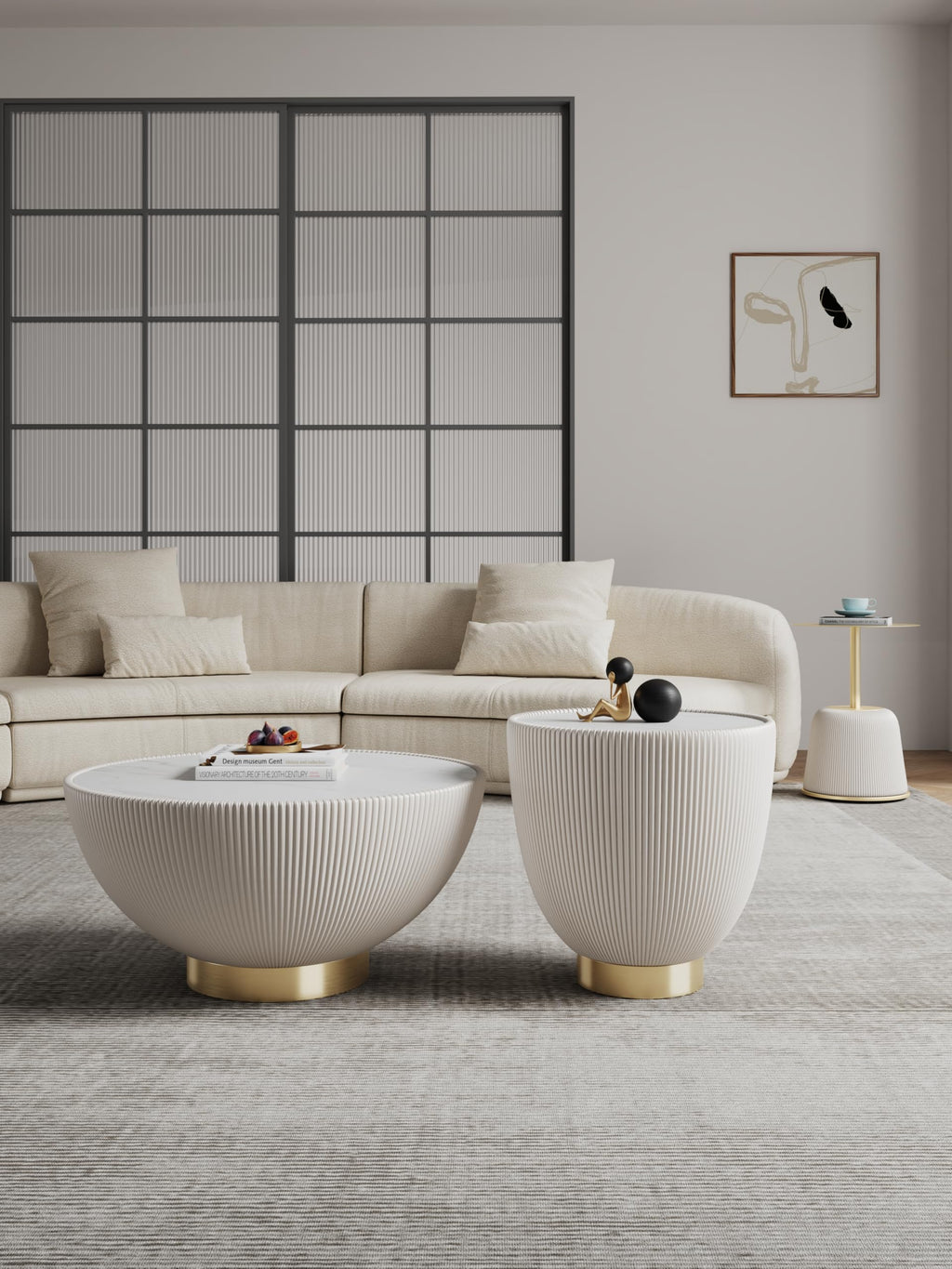 Manhattan Comfort Modern Anderson Coffee Table, 1.0 & 2.0 End Table, Upholstered in Cream Leatherette with Ceramic Faux Tabletop and Gold Metal Tabletop- Set of 3