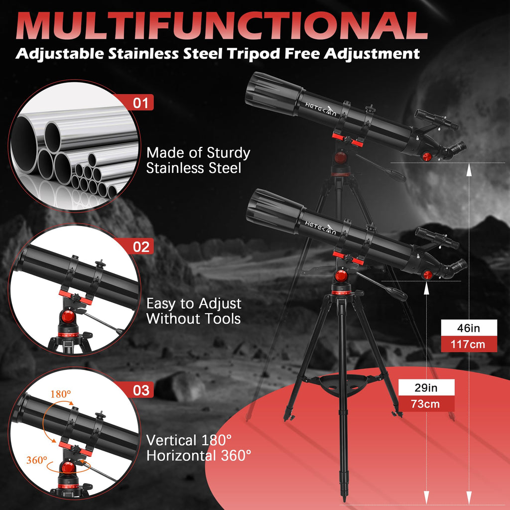 Telescope,Telescope for Adults High Powered, 90mm Aperture 900mm Professional Refractor Telescopes for Kids & Beginners, Magnification 450X,for Planet Observation with Stainless Tripod & Phone Adapter