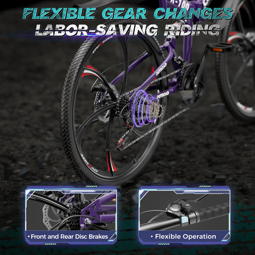 MarKnig 26 Inch Adult Folding Bikes/Mountain Bikes, 21 Speeds Mountain Bicycles with Full Suspension, Dual Disc Brake, High Carbon Steel Frame, Foldable Bike for Men/Women/Teen, HM-Purple
