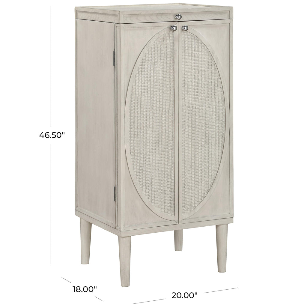 Deco 79 Wooden Geometric Washed Oval Rattan Front Armoire Jewelry 2 Door, 6 Drawer, and 32 Hook Cabinet with Mirrored Lift Top and Organizer Shelf, 20" x 18" x 47", Light Gray