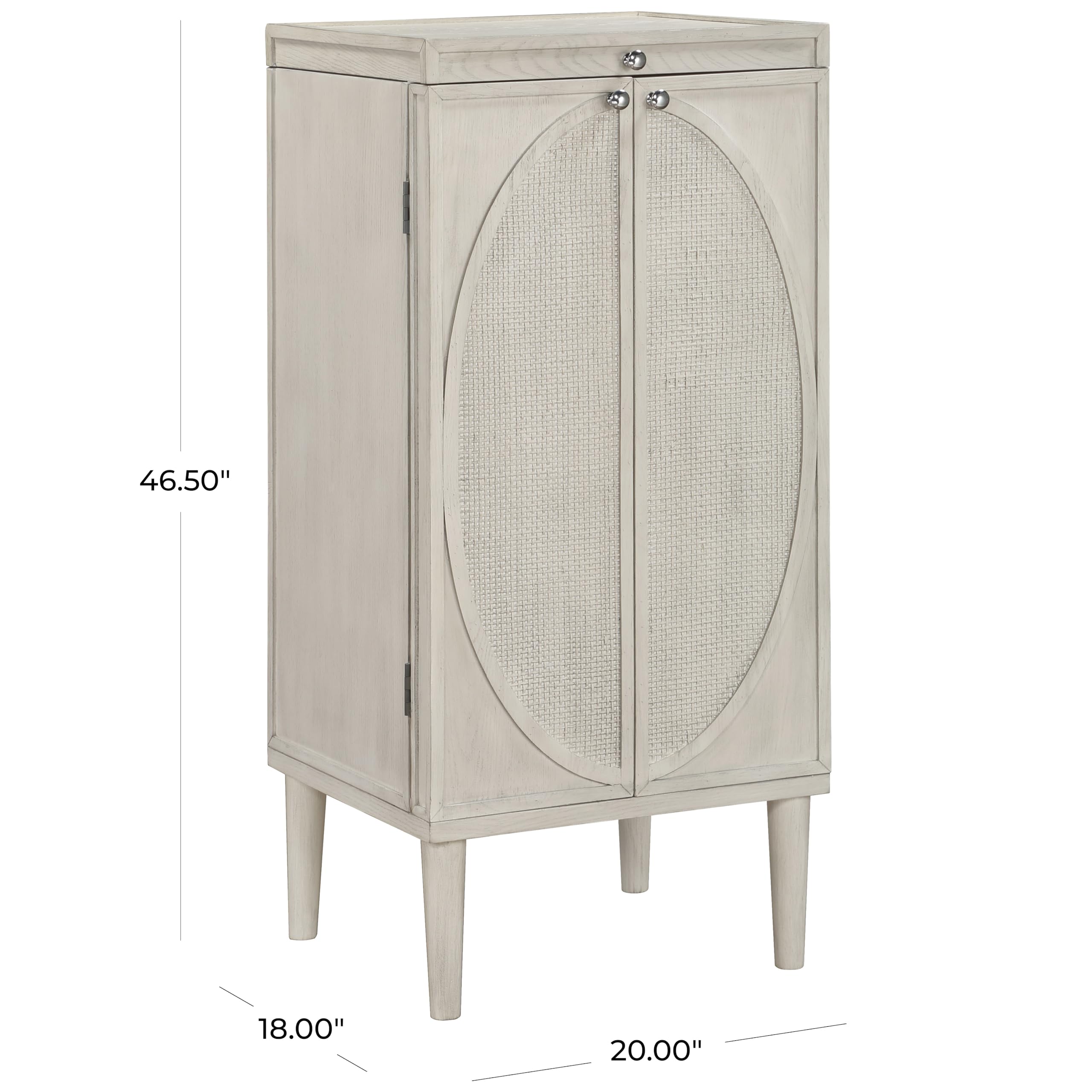 Deco 79 Wooden Geometric Washed Oval Rattan Front Armoire Jewelry 2 Door, 6 Drawer, and 32 Hook Cabinet with Mirrored Lift Top and Organizer Shelf, 20" x 18" x 47", Light Gray