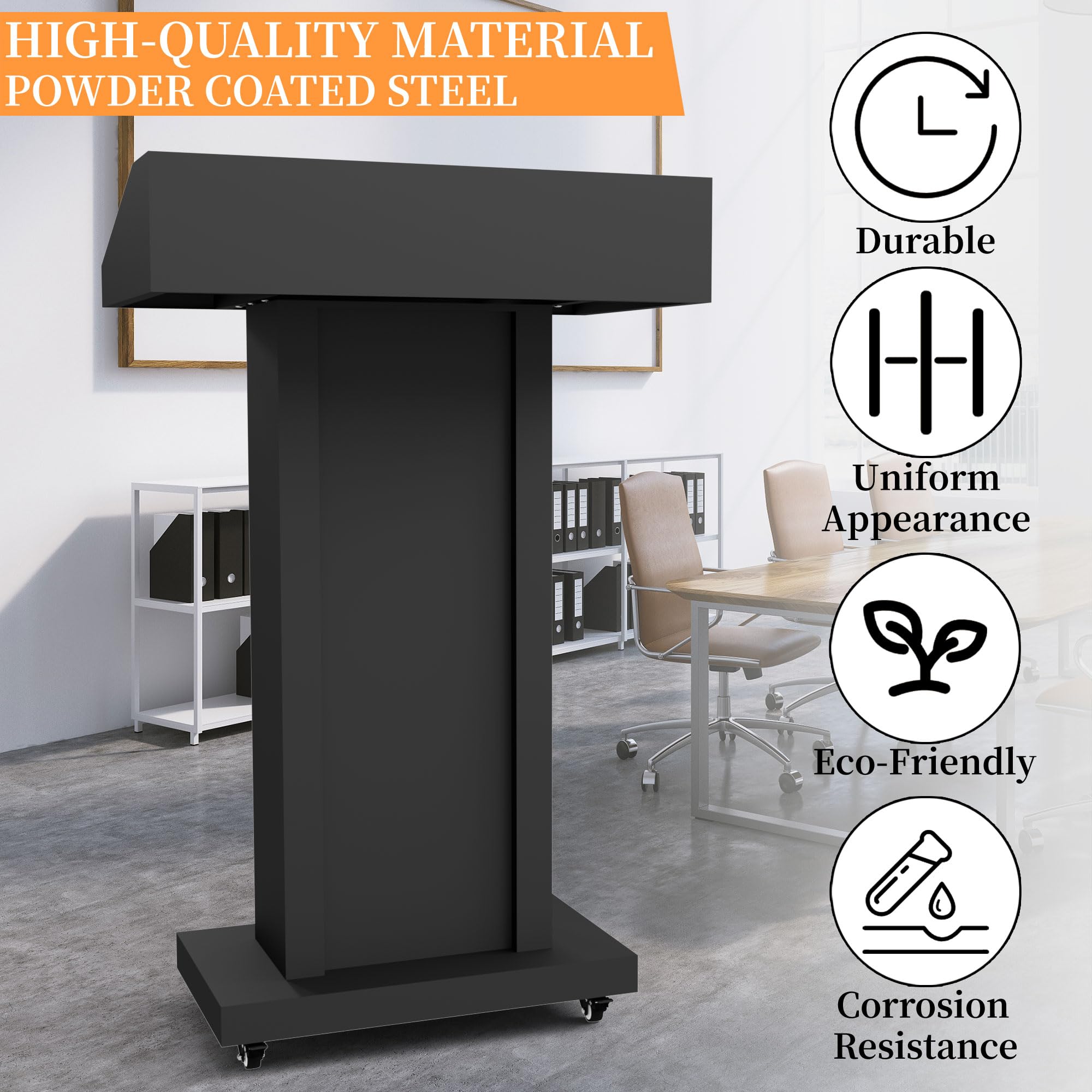 Heavy-Duty Black Metal Podium Stand with Lockable Wheels | Mobile Lectern with Storage Cabinet & Standard 44.56" Height | for Conference Rooms, Churches, Classrooms & Events (Style 3)