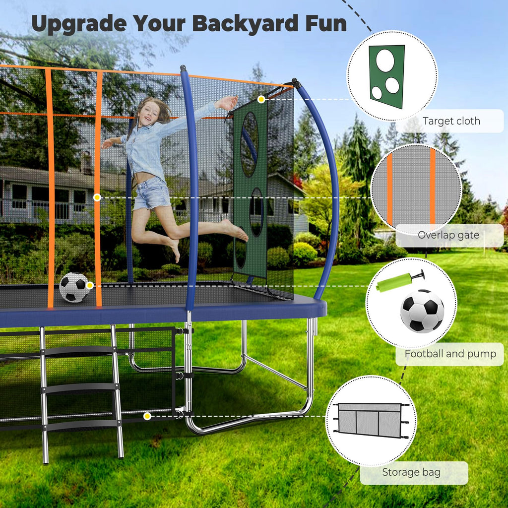 Lyromix 14FT Outdoor Rectangle Trampoline for Kids and Adults, Rectangular Trampoline with Curved Poles, Pumpkin Trampolin with Light, Sprinkler, Soccer and Storage Bag