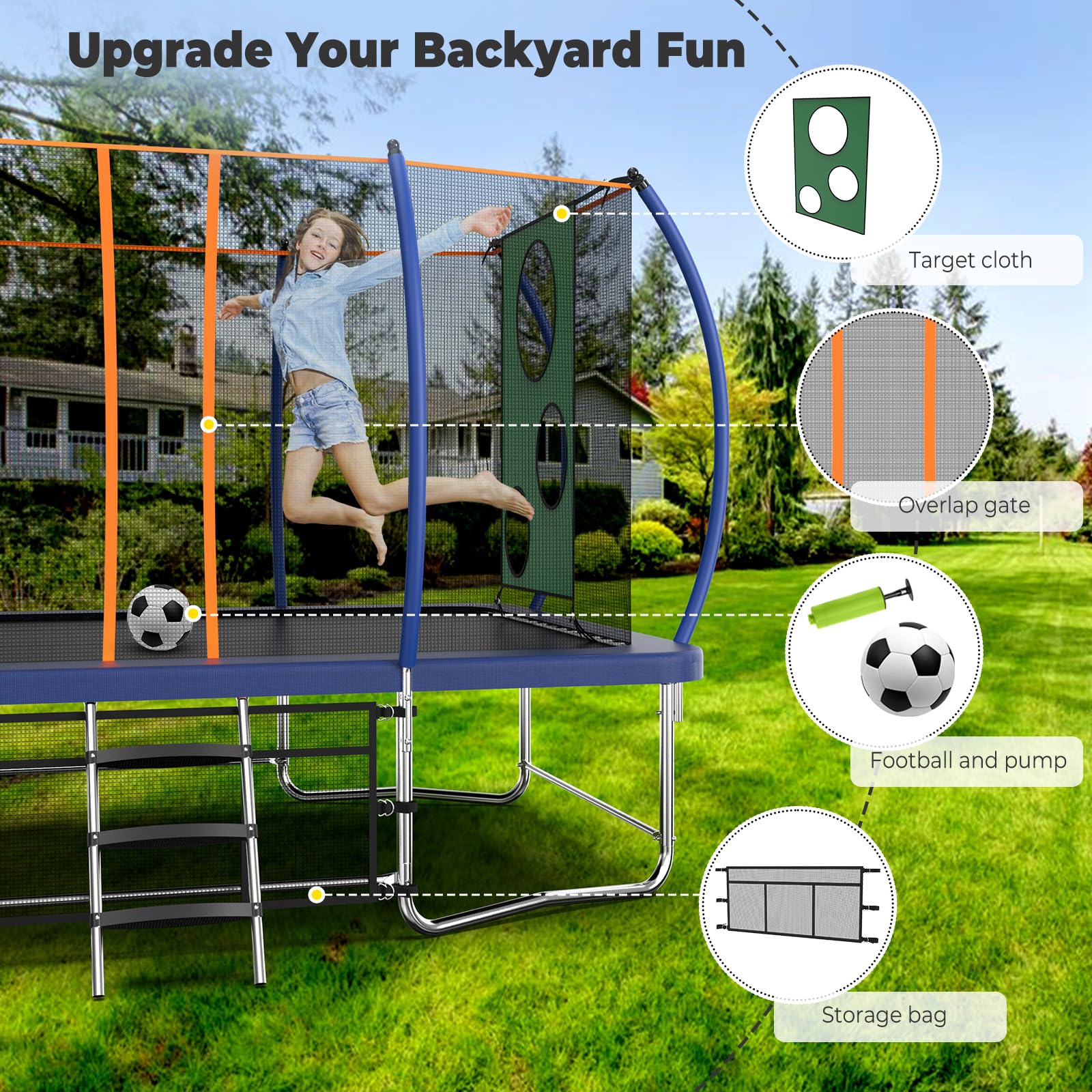 Lyromix 14FT Outdoor Rectangle Trampoline for Kids and Adults, Rectangular Trampoline with Curved Poles, Pumpkin Trampolin with Light, Sprinkler, Soccer and Storage Bag