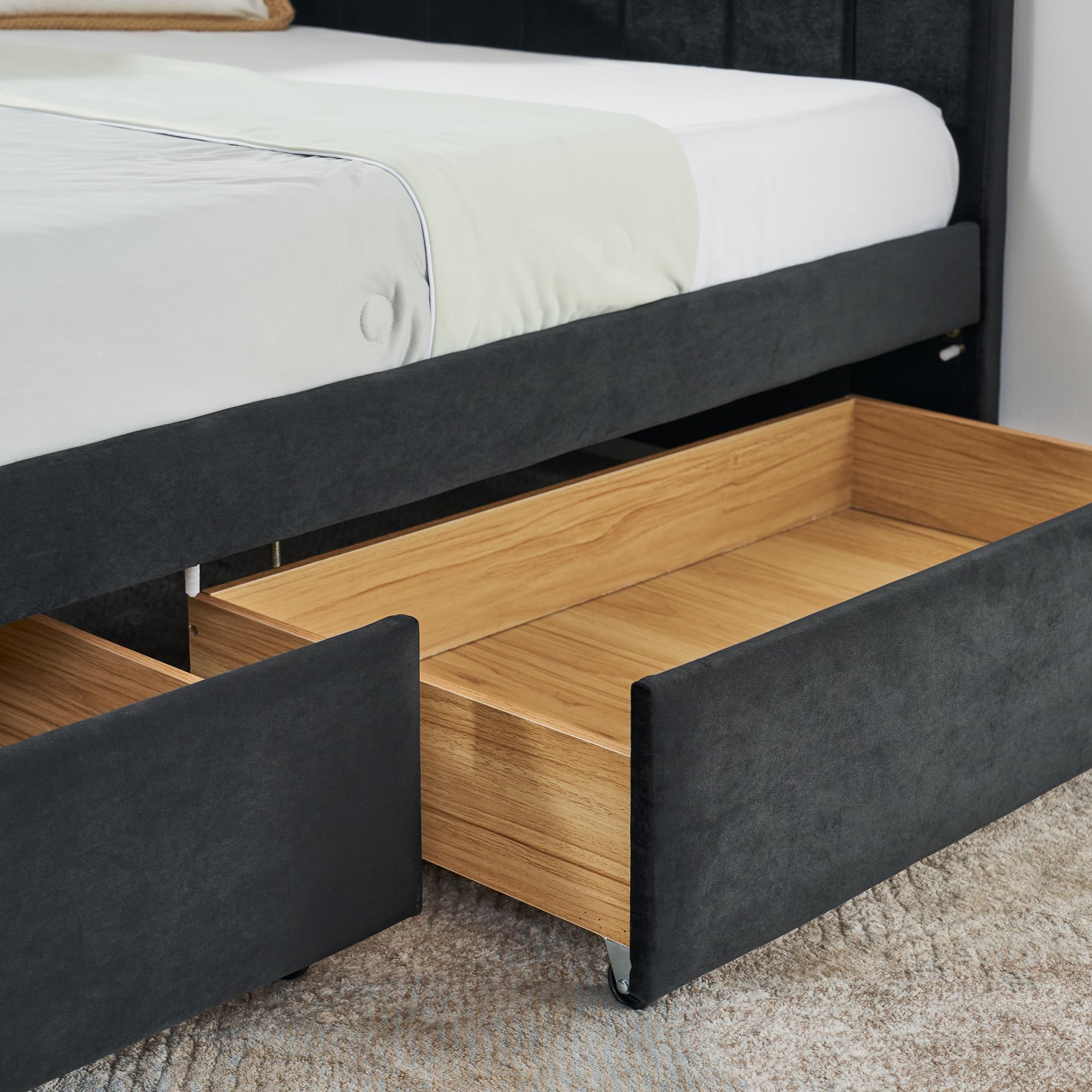 Ball & Cast Full Size Daybed with Two Storage Drawers,Velvet Upholstered Day Bed Frame with Channel Tufted Backrest & Armrest,Wood Slats Support,No Box Spring Needed,for Bedroom Guestroom,Black