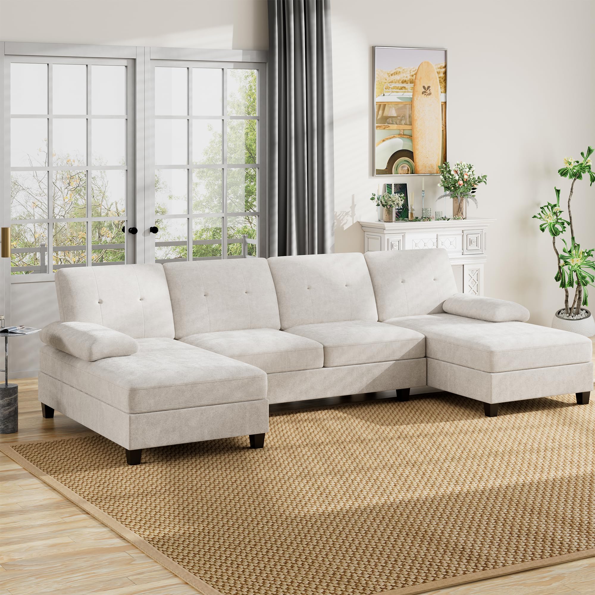 U-Shaped Sectional Couches for Living Room, 4 Seat Sofa with Double Chaise Lounges,Solid Wood Frame Sectional Sofa for Apartment,White