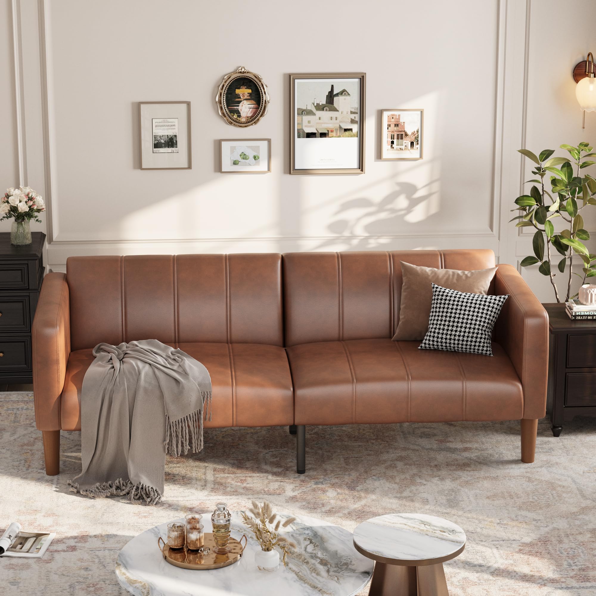 GarveeHome Futon Sofa Bed, 75-Inch Modern Faux Leather Convertible Couch, Mid-Century Loveseat for Small Space, Living Room, Bedroom, Brown