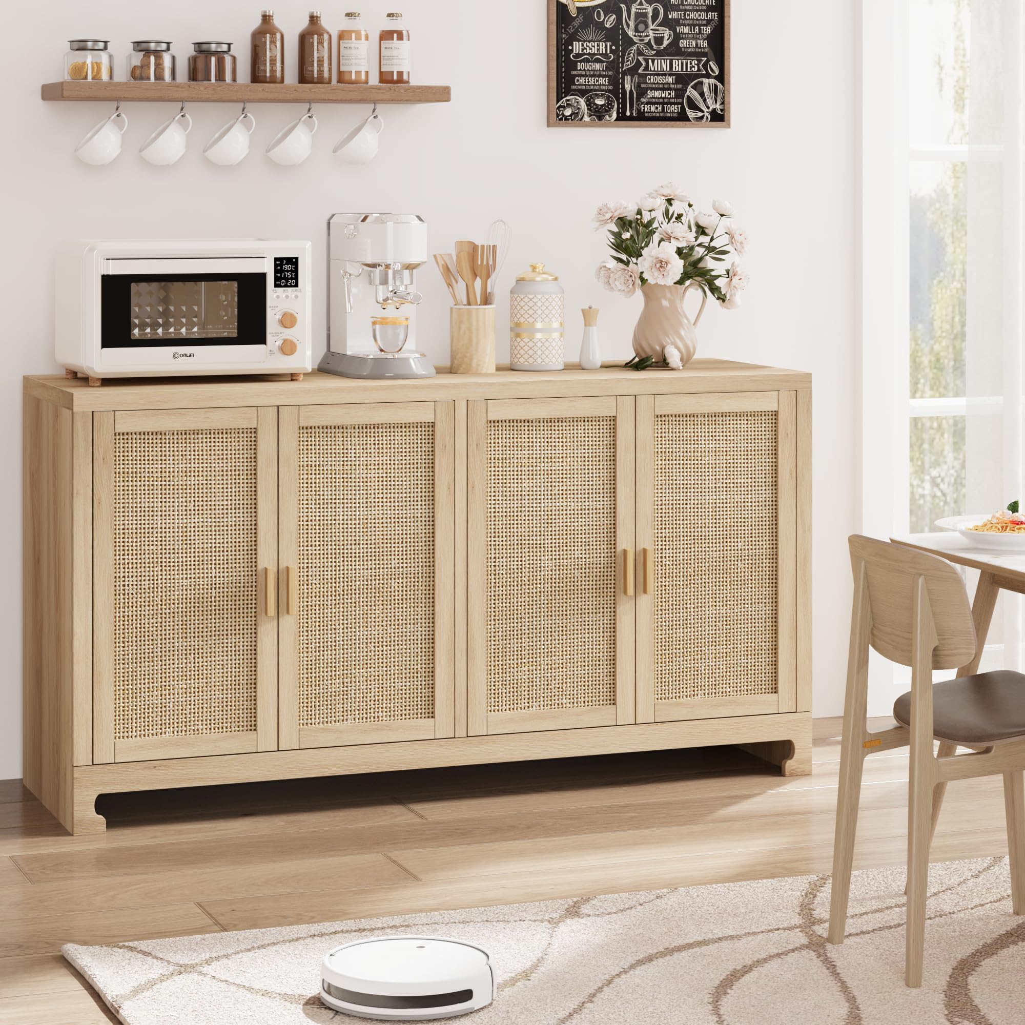 GarveeHome 60 in Farmhouse Rattan Buffet Cabinet - 4-Door Woven Storage Sideboard with Adjustable Shelves, Kitchen Console Table for Dining Room & Living Room Entryway (Oak Brown)