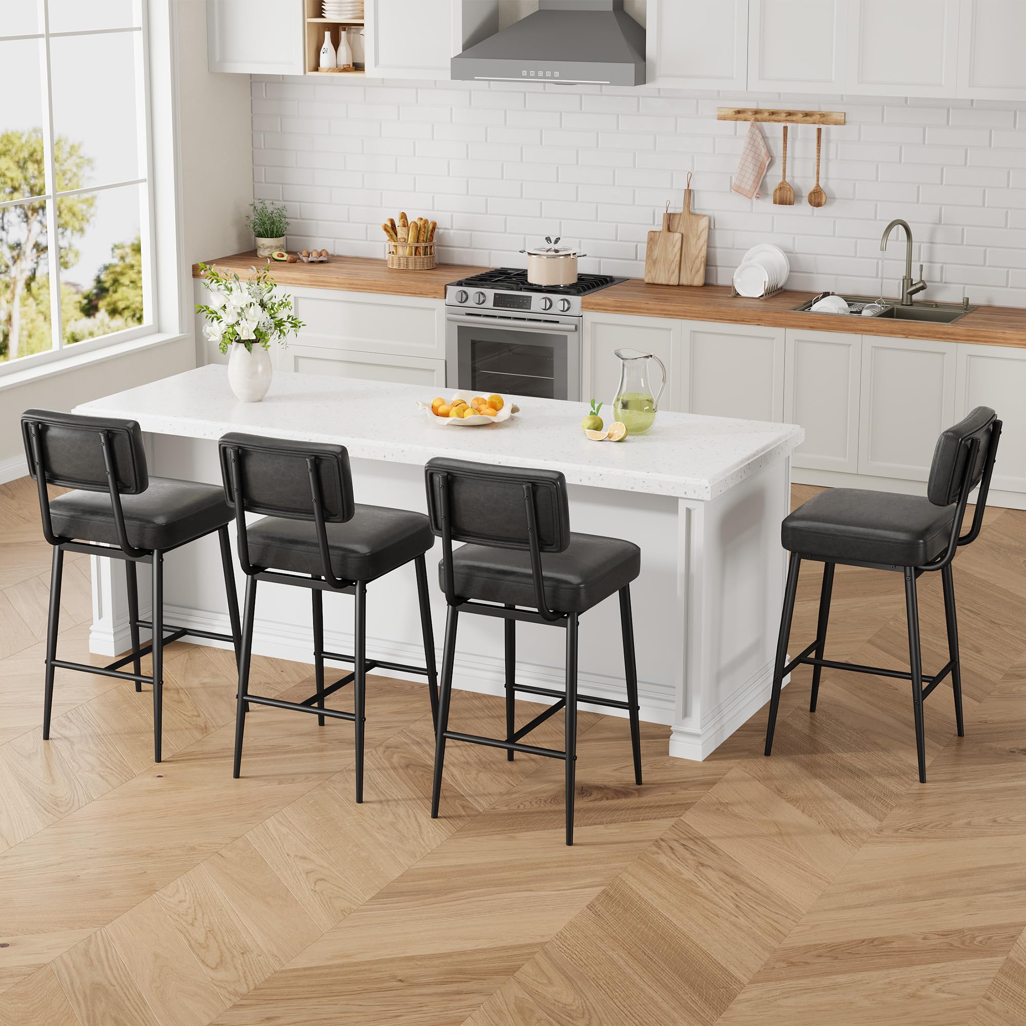GarveeHome Bar Stools Set of 4, 26" Black Faux Leather Counter Height Bar Stools with Backs, Modern Upholstered Barstool Chairs with Metal Legs for Kitchen Island, Home Bar, Dining Room