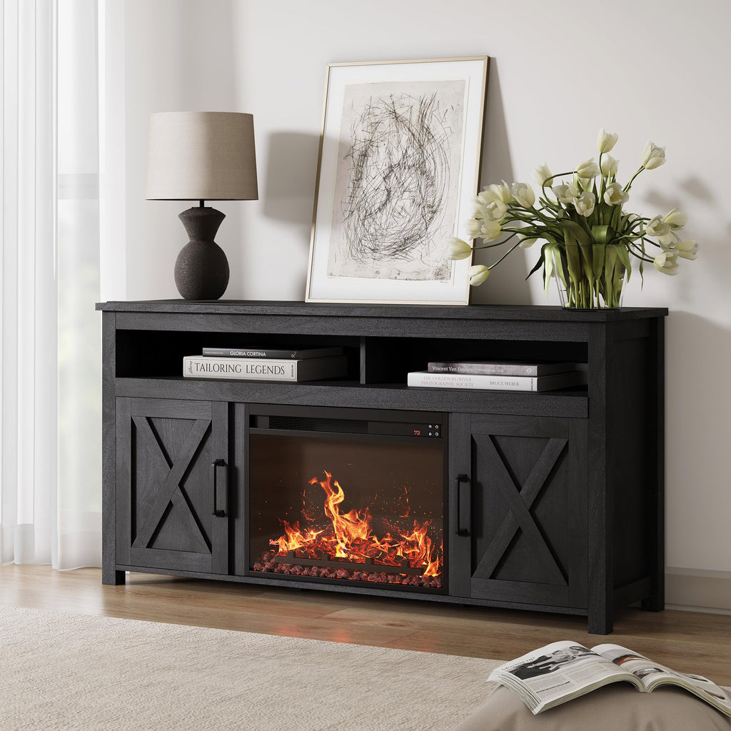 BELLEZE 58" Farmhouse Fireplace TV Stand for TVs up to 65", 23" Electric Fireplace Heater with Sound, Entertainment Center Media Console Table Barn Door Storage Cabinets for Living Room - Rustic Grey