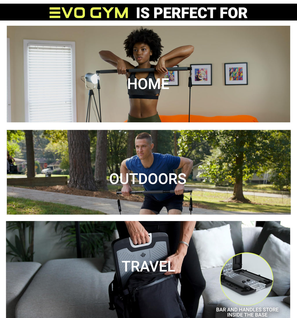 EVO Gym - Portable Home Gym Strength Training Equipment, At Home Gym | All in One Gym - 10 Resistance Bands, Base Holds Gym Bar & Handles for Travel | Portable Gym & Home Exercise Equipment | 320LBS