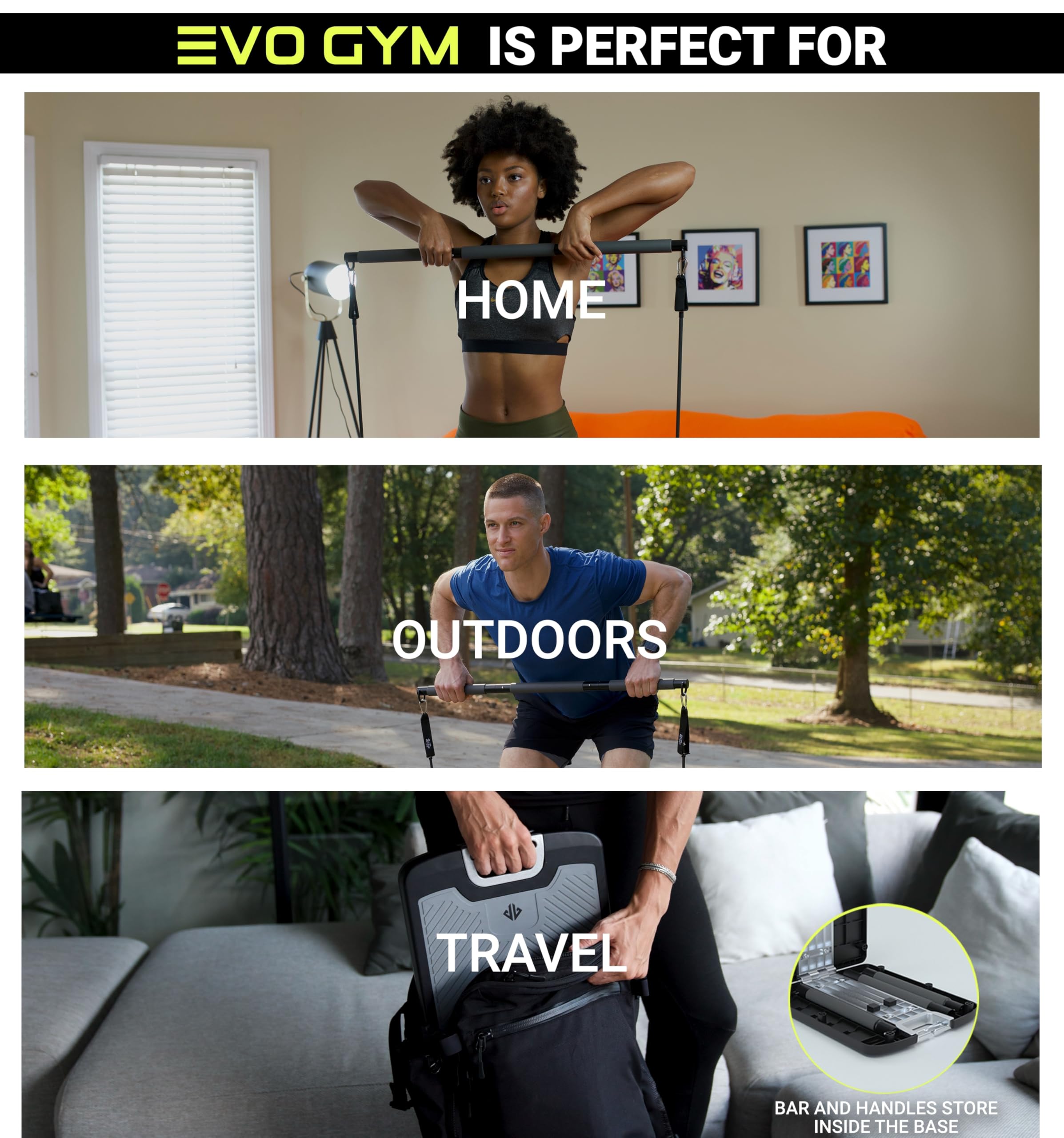EVO Gym - Portable Home Gym Strength Training Equipment, At Home Gym | All in One Gym - 10 Resistance Bands, Base Holds Gym Bar & Handles for Travel | Portable Gym & Home Exercise Equipment | 320LBS