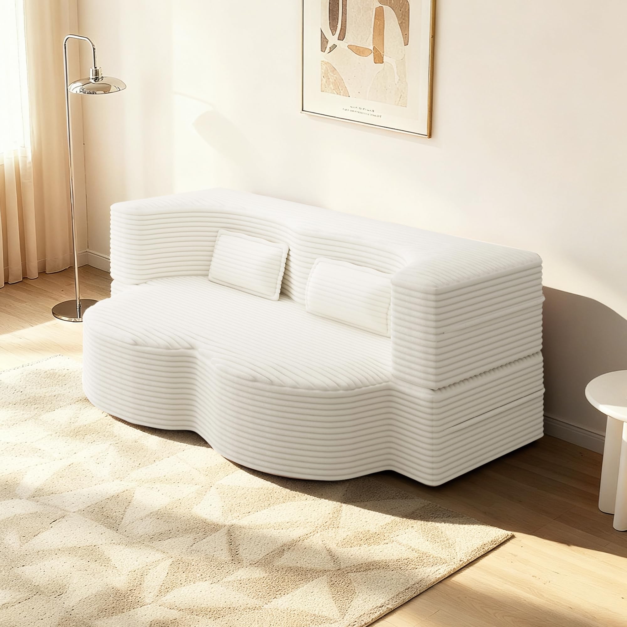 BAYYELL 78" Full Size Convertible Sofa Bed, 2-in-1 Folding Floor Couch with 2 Pillows, Sleeper Sofa for Living Room and Bedroom, No Assembly Required (Beige, Corduroy Fabric)