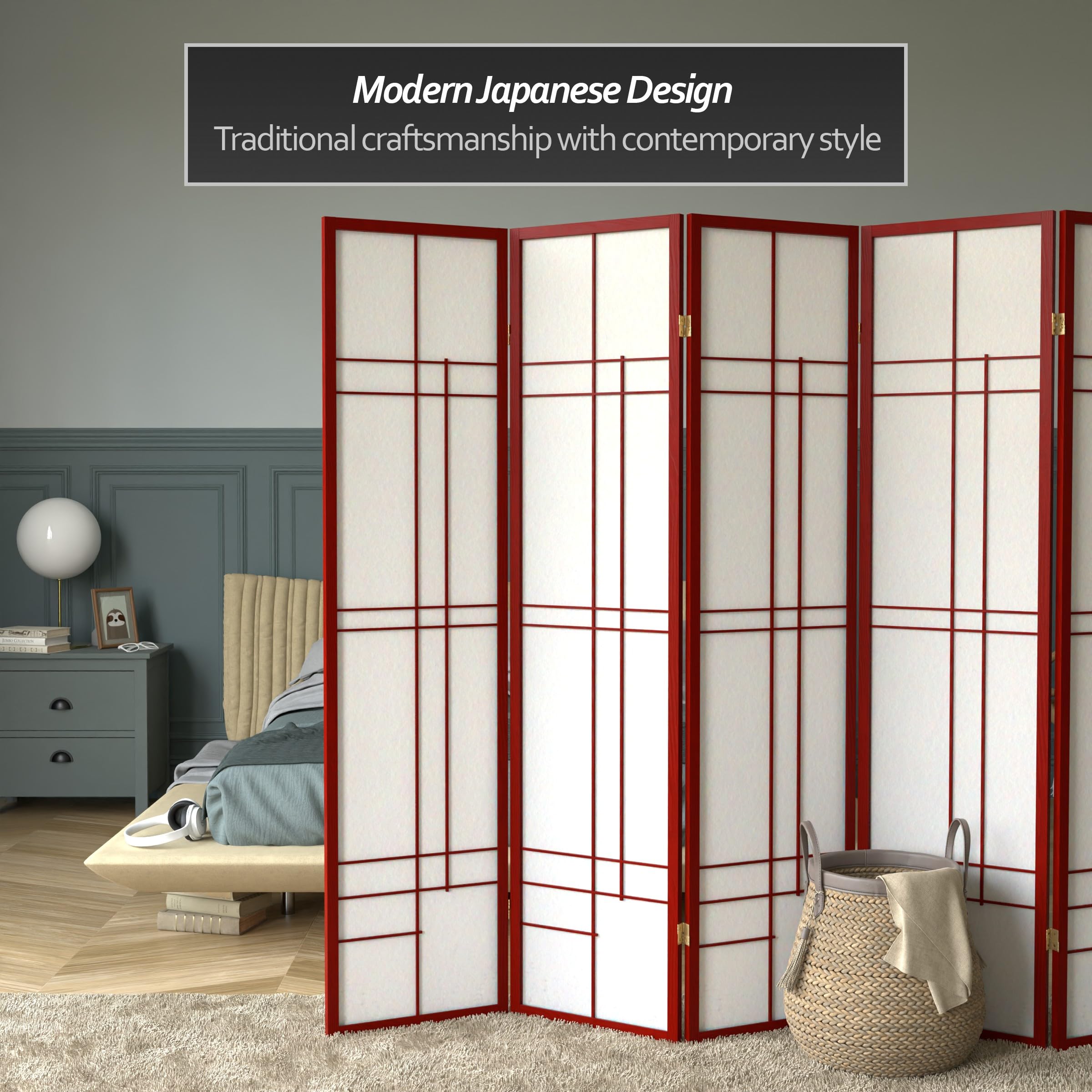 Red Lantern 6 ft. Tall Eudes Shoji Screen - Rosewood - 5 Panels