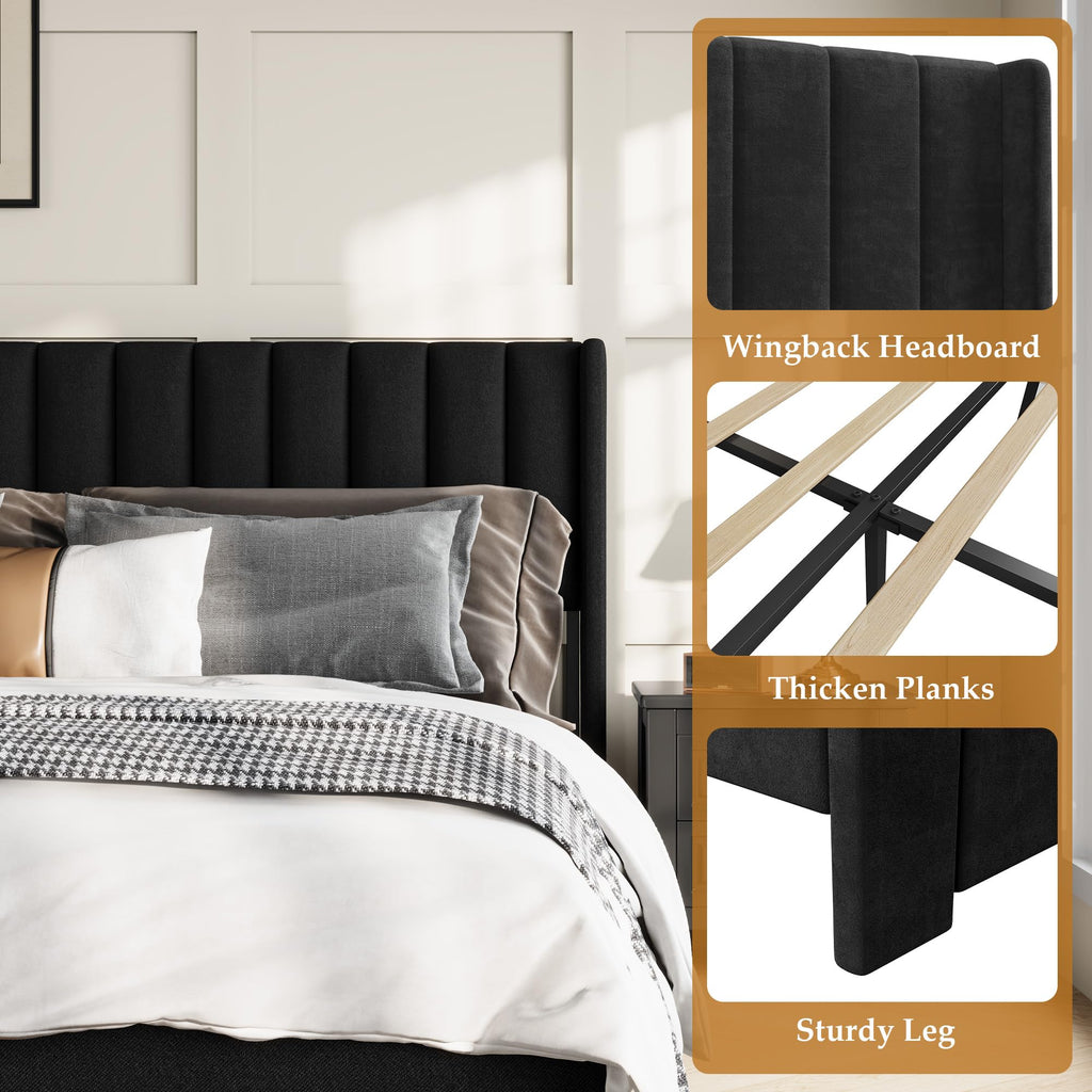 Garvee King Size Bed Frame, Velvet Upholstered Bed Frame with Wingback Headboard, 2 Storage Drawers, No Box Spring Needed, Black