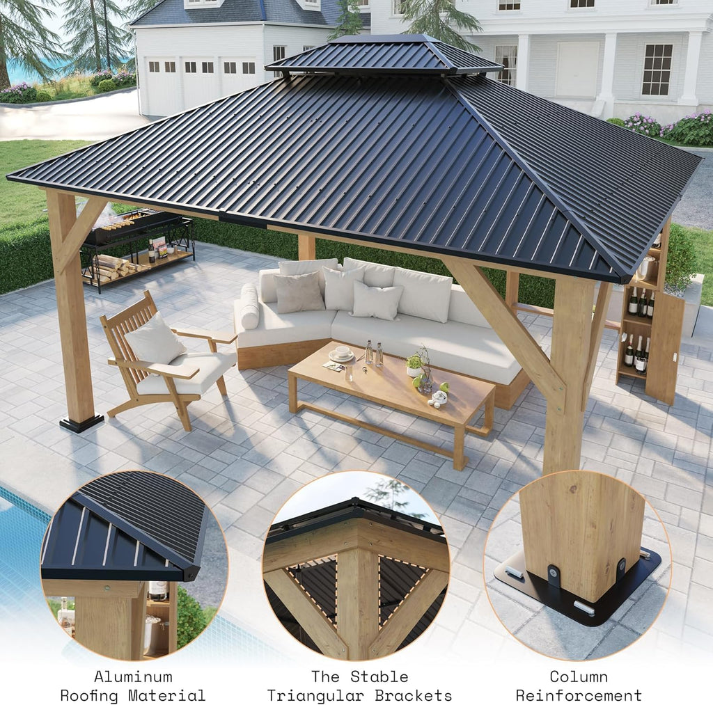 AMERLIFE 13x15 Spruce Wood Hardtop Carport, Outdoor Gazebo with Double Metal Roof & Storage Bar, Paviloin with Wood Frame for Patio, Parties, Garage, Lawns