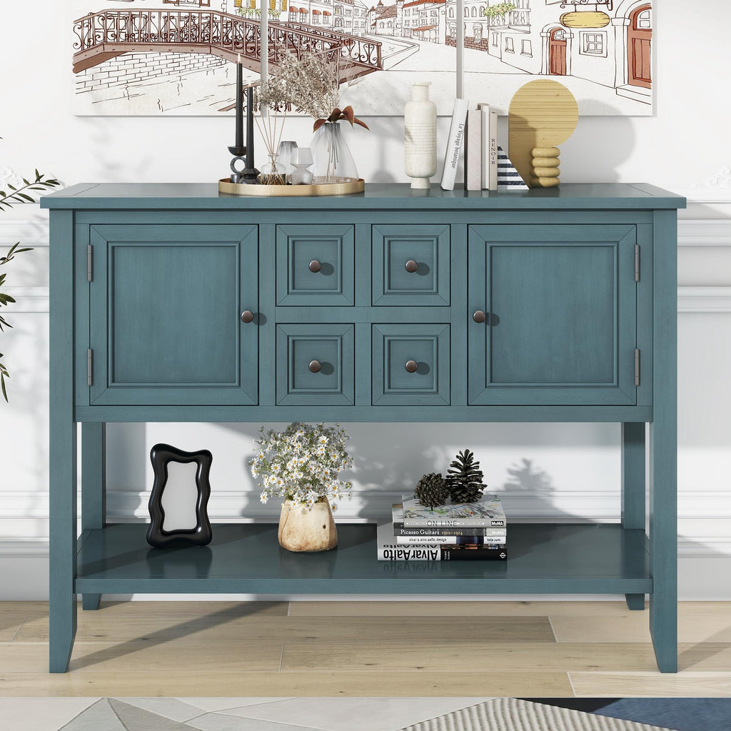 Amposei Modern Farmhouse Wood Buffet 45-Inch Entryway Console Table with Storage, Sideboard Cabinet with Drawers & Shelf for Living Room Kitchen Hallway, Dark Blue