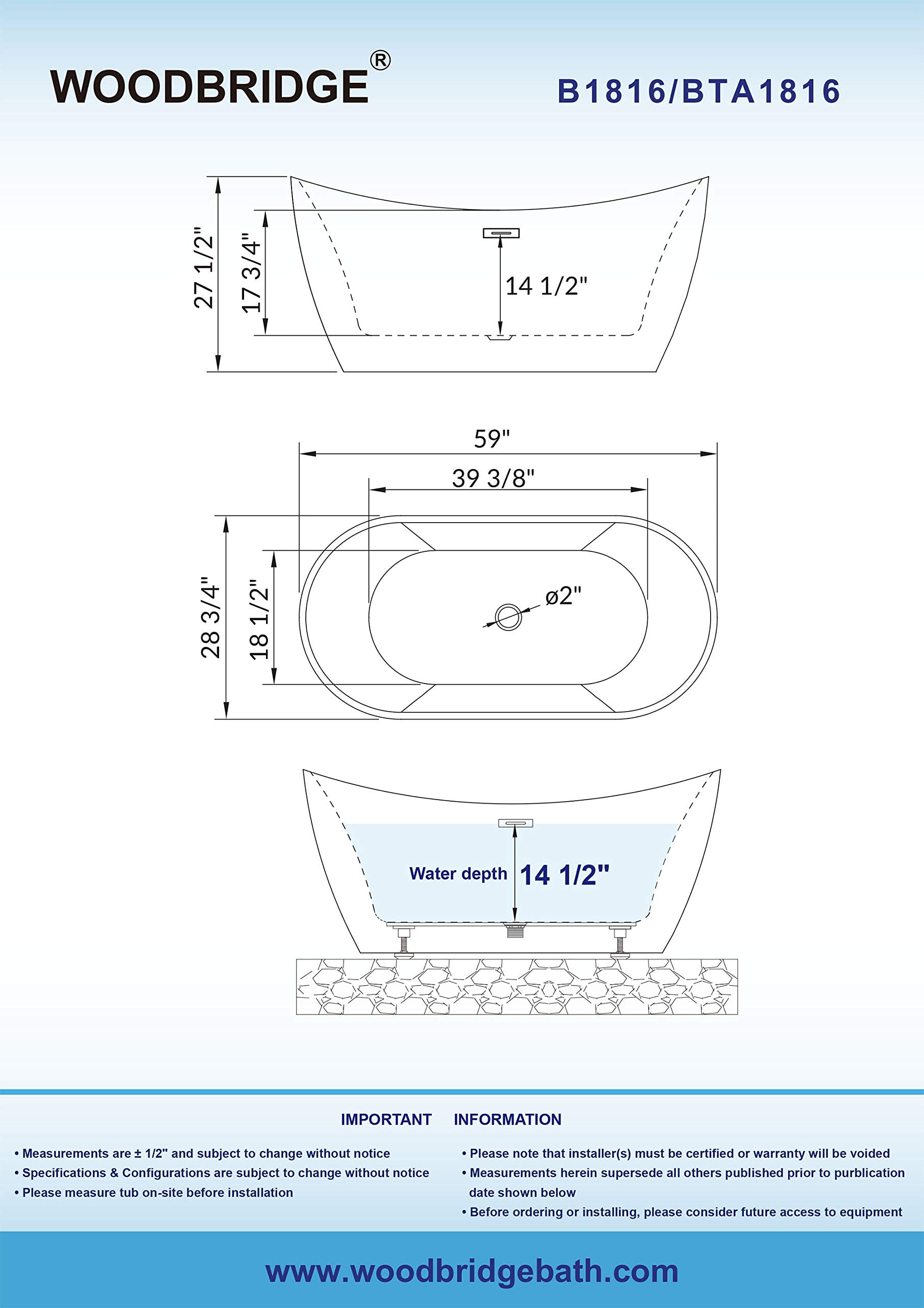 WOODBRIDGE 59" Acrylic Freestanding Bathtub Contemporary Soaking Tub with Brushed Nickel Overflow and Drain, B-1816 Black Color