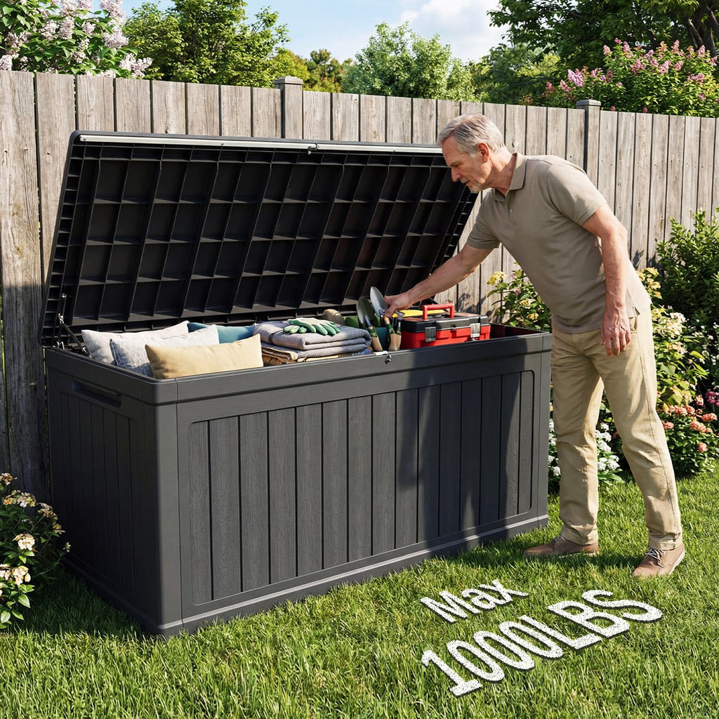 KDYMOD 320 Gallon Outdoor Storage Deck Box, Waterproof Resin Deck Boxes with Handle & Lockable for Patio Furniture, Garden & Pool Tools -Swimming Pool, UV Resistant, Black (320)