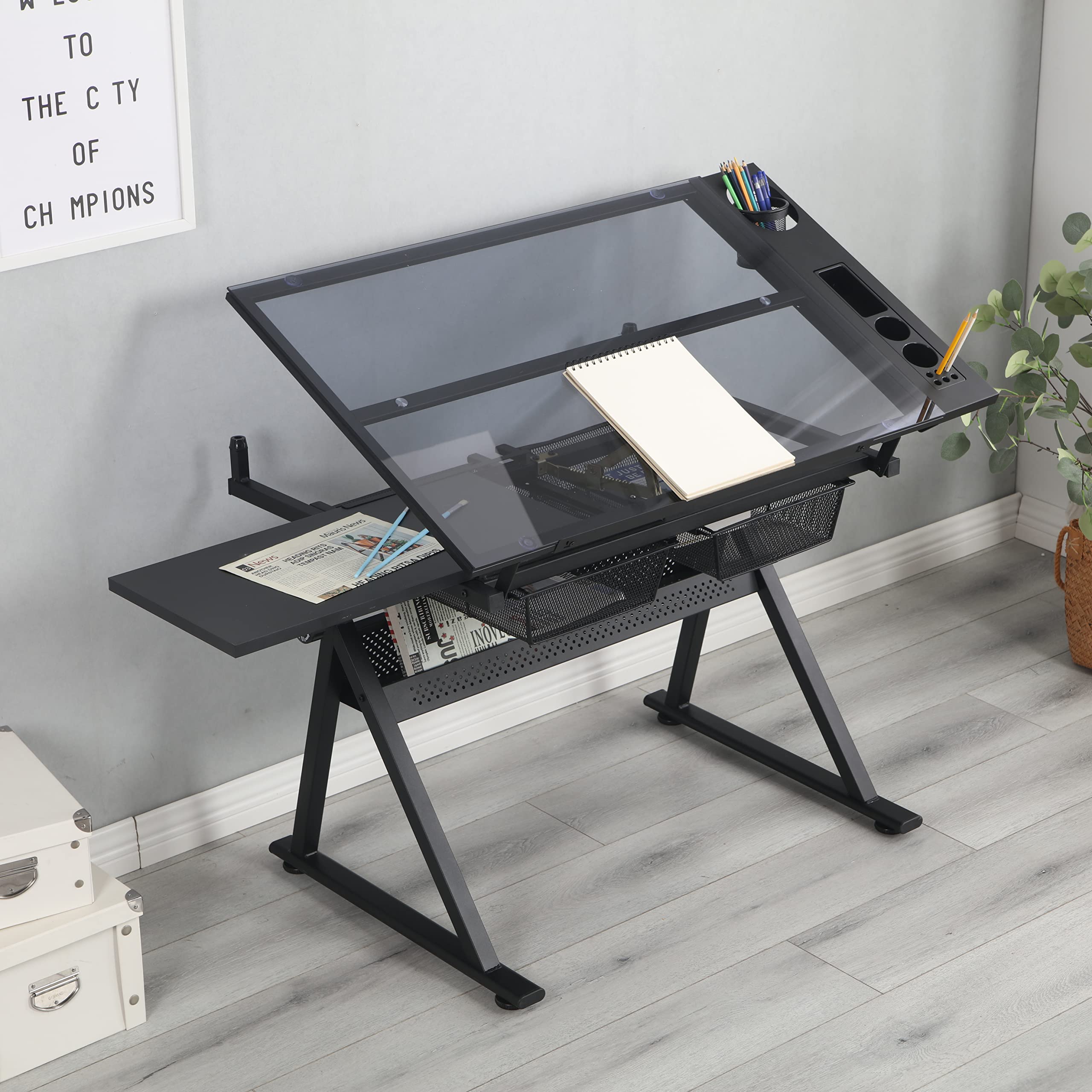 GOWE Black Adjustable Tempered Glass Drafting Printing Table with Chair