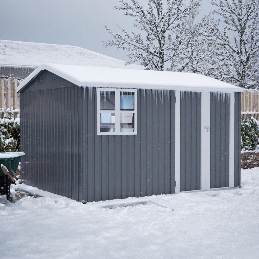 YOPTO 10X8 FT Outdoor Storage Shed,Metal Shed W/Window,Floor Frame & Lockable Swing Door,Garden Tool House W/ 4 Air Vents & Sloped Roof,for Backyard Patio Lawn,Gray