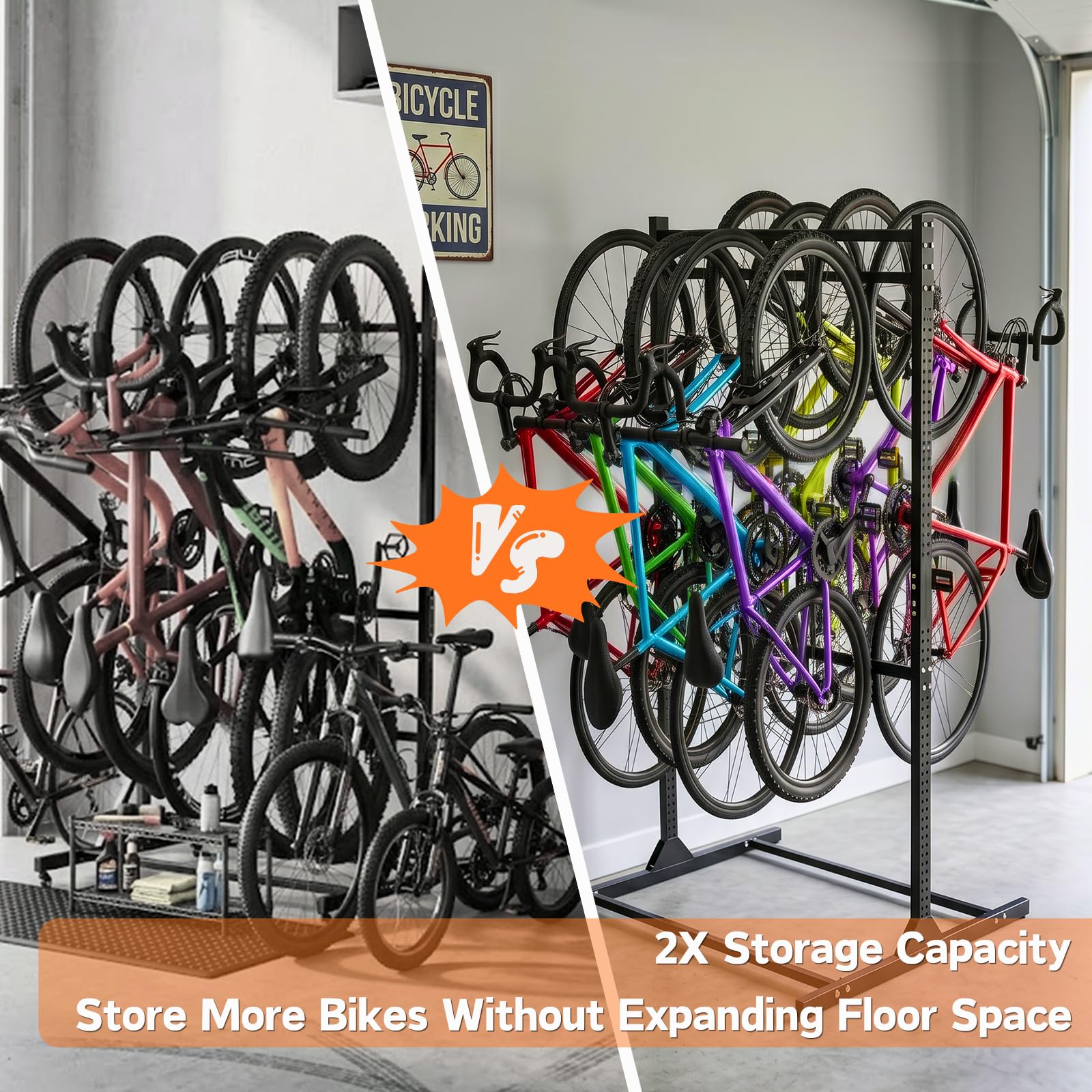 Freestanding Bike Storage Rack for 8 Bikes Heavy Duty Adjustable Bike Rack for Garage Organization & Storage Bike Rack with Hooks for Helmets and Accessories for Road, Mountain & Hybrid Bicycles