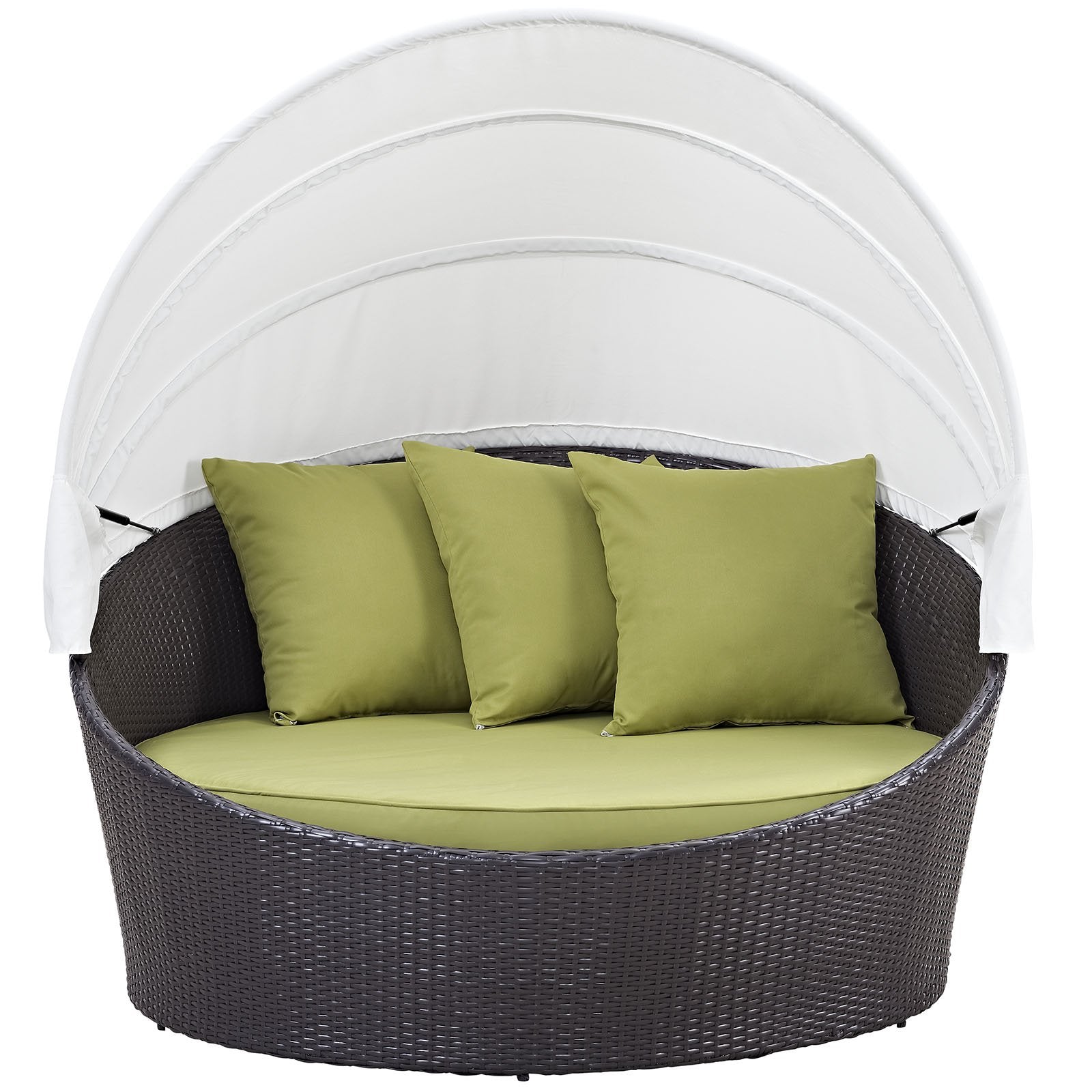 Modway Convene Wicker Rattan Outdoor Patio Retractable Canopy Round Poolside Sofa Daybed in Espresso Peridot