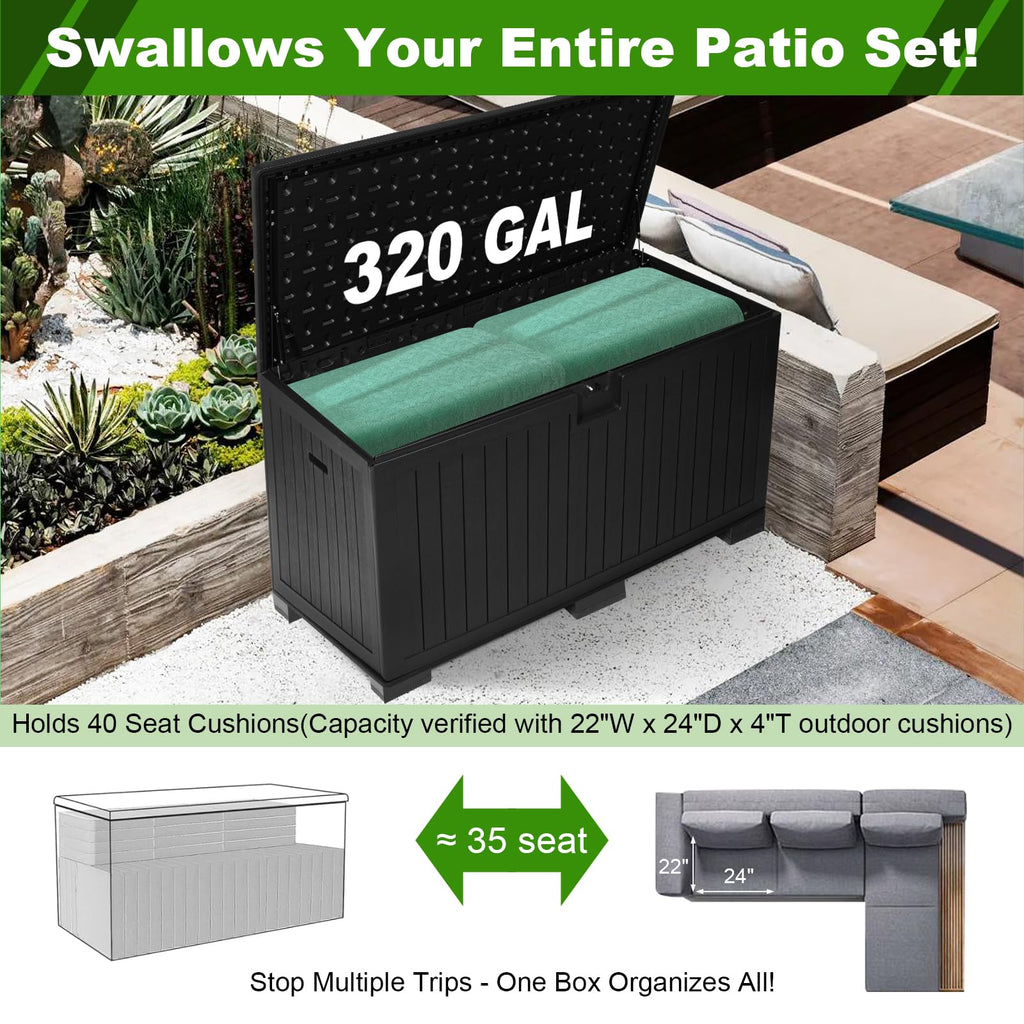 FammyLoft 320 Gallon Deck Box with 6 Waterproof Foot Pads, Resin Storage Box Weatherproof, Plastic Cushion Container with Lock and Lids for Pool Equipment, Black