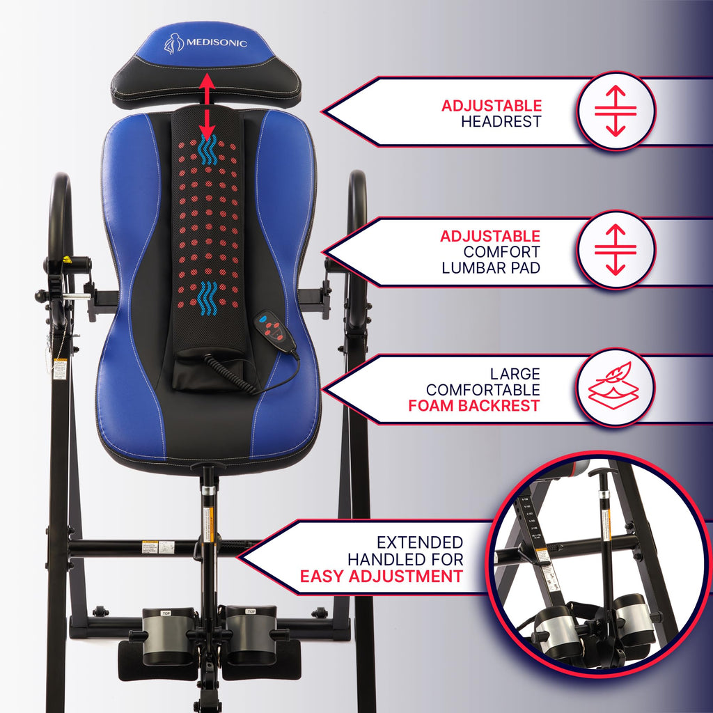 MediSonic Elite Inversion Table with Adjustable & Removable Lumbar Pad, Comfortable Ankle Security Cups, Multiple Inversion Angles, Heavy-Duty Frame, 300 lb Capacity, Blue