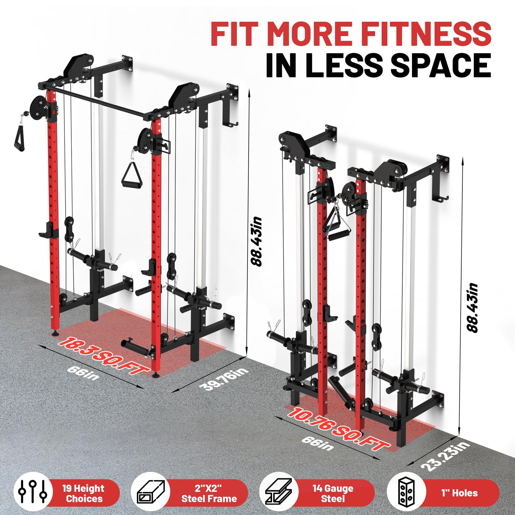 GarveeHome Folding Squat Rack, Wall Mounted Power Rack with Dual Pulley System & Pull Up Bar, Fitness Equipment for Home Gym, Garage, Apartment