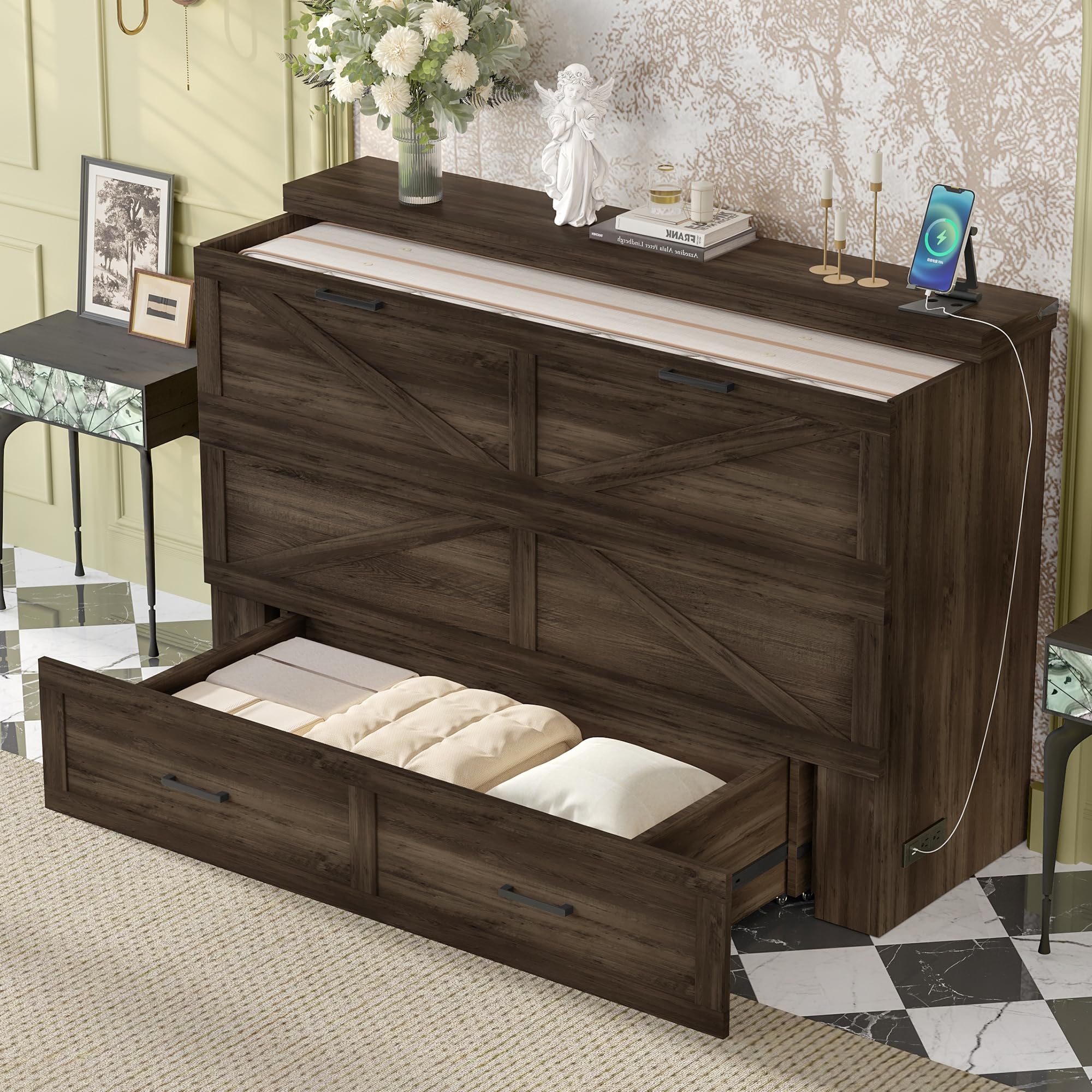 Ball & Cast Murphy Bed Queen,Farmhouse Hideaway Cabinet Bed with Charging Station and Large Storage Drawer,Foldable Wall Murphy Beds w/Slat Support,Space-Saving Furniture for Study,Office,Rustic Gray