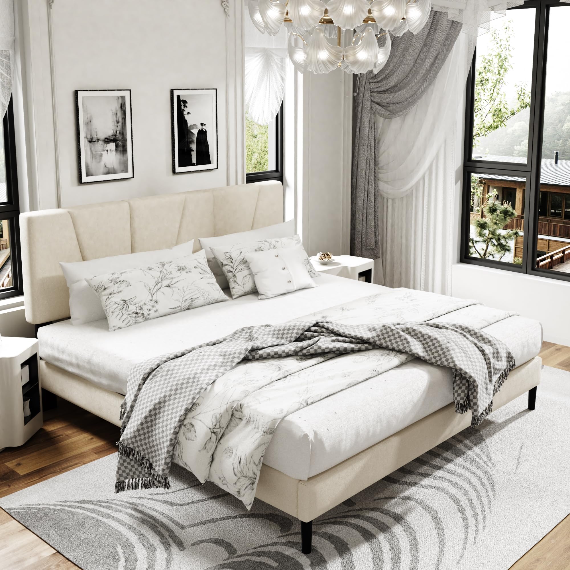 King Size Platform Bed Frame with Upholstered Headboard, Wooden Slats Support, Noise Free, No Box Spring Needed, Easy Assembly, Beige, Velvet