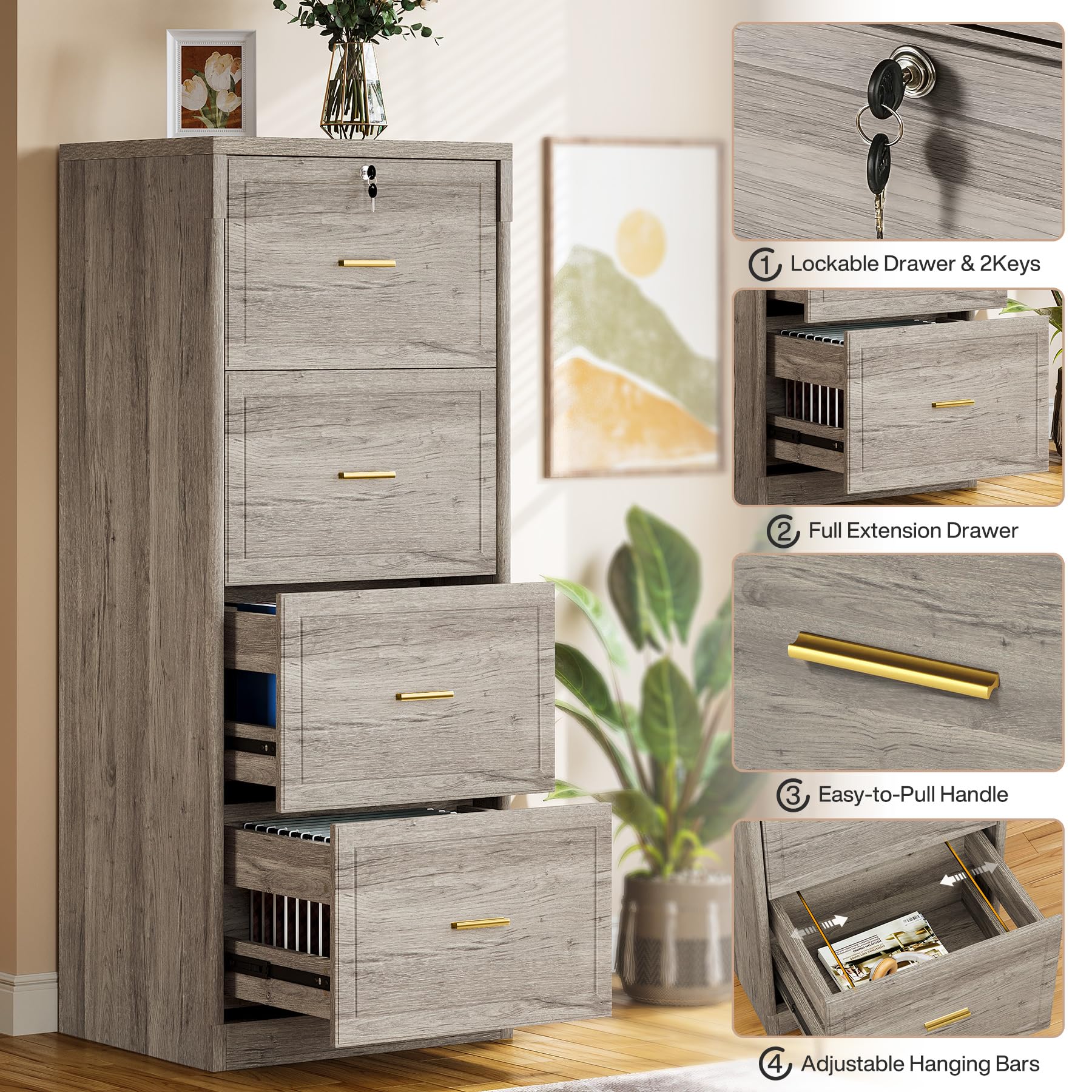 Tribesigns 4-Drawer File Cabinet with Lock, Locked File Cabinet with Key, Tall Wooden Filing Cabinets for Home Office, Vertical Office Storage for Legal Size/Letter/A4/Files, Grey