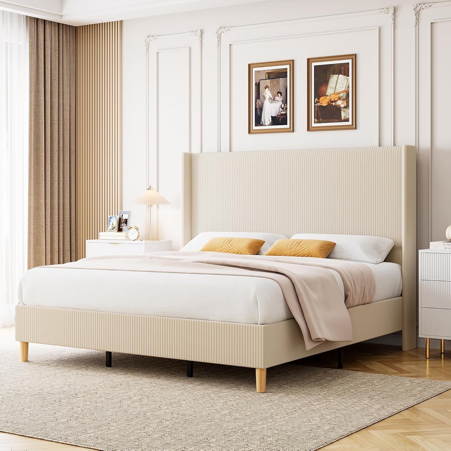 GarveeHome King Size Bed Frame, Upholstered Platform Velvet King Bed Frame with Vertical Channel Tufted Wingback Headboard, Strong Wooden Slats, No Box Spring Needed, Easy Assembly, Beige