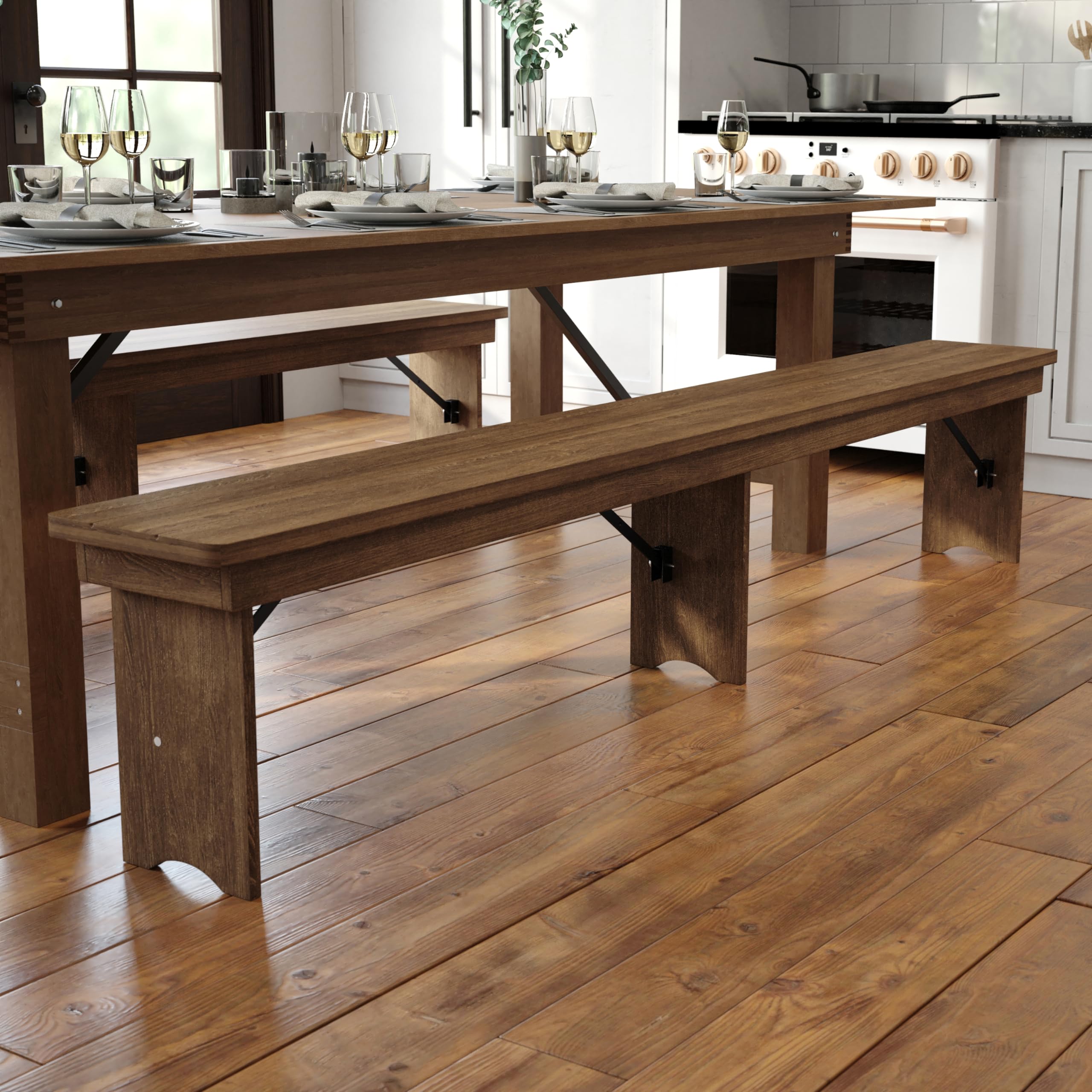 Flash Furniture Hercules Series 8' x 12' Commercial Grade Rustic Solid Pine Folding Bench, Antique Farmhouse 3 Leg Dining Bench, Seats up to 4 Adults