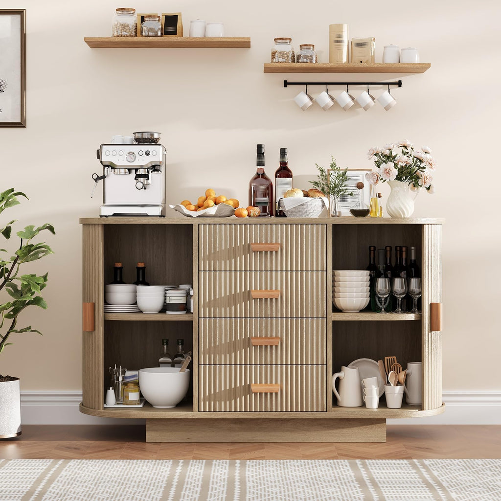 47" Fluted Sideboard Buffet Cabinet with 4 Drawers and 2 Arched Sliding Doors, Coffee Bar Storage Console Cabinet,Multi-Functional Coffee Bar Cabinet, Accent Table for Dining Living Room, Natural Oak