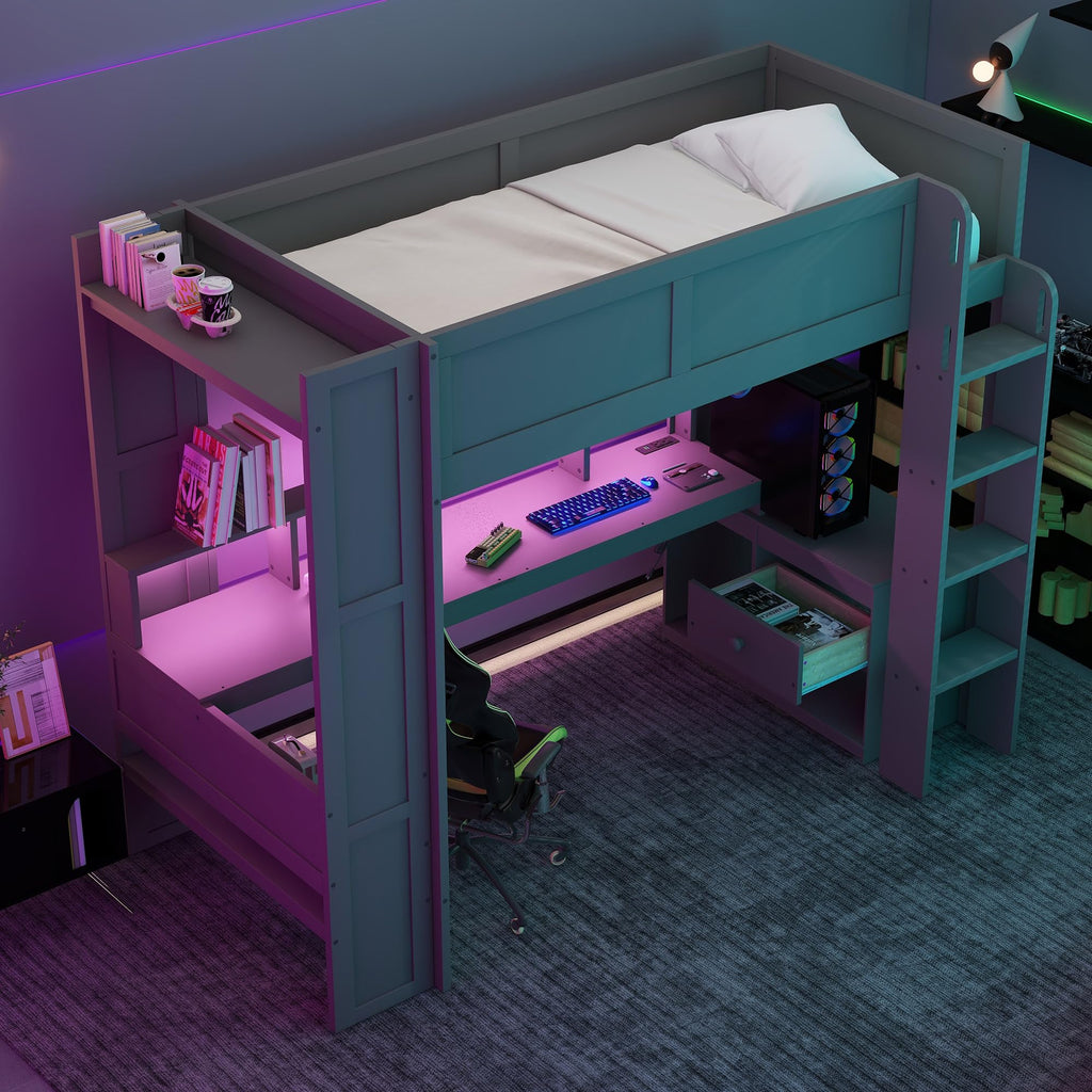 Ball & Cast Twin Size Gaming Loft Bed with Built-in Desk, LED and Charging Station,Wood Loft Bed Frame w/Multi-Storage Shelves,No Box Spring Needed,Ladder,for Kids,Teens,Adults,Dark Gray