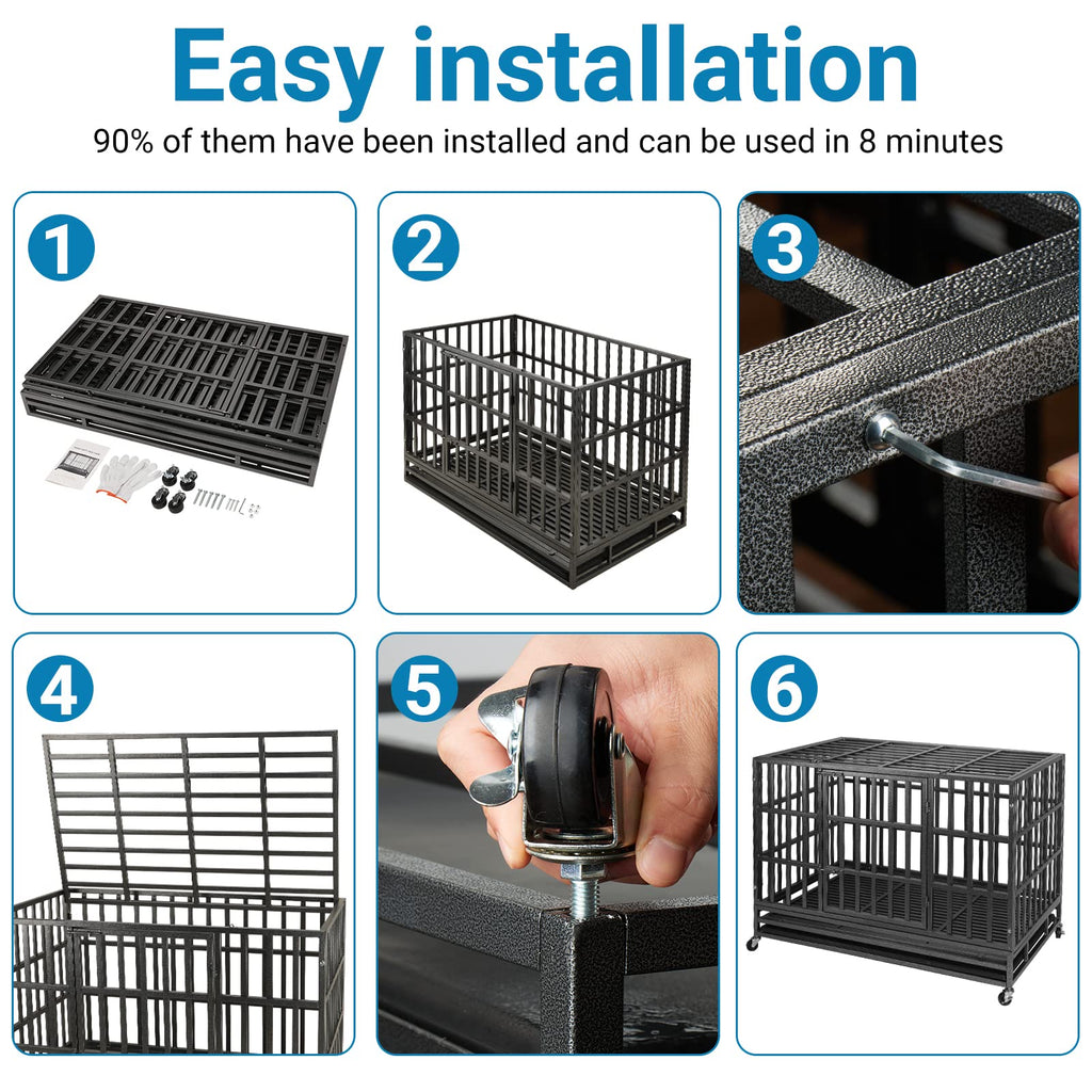 SHUSHIM 48 Inch Heavy Duty Dog Crate Kennel with Wheels, High Anxiety Indestructible Dog Crates for Large Dogs, XL XXL Extra Large Dog Crate with Removable Plastic Tray, Two Locks (Black, Square)