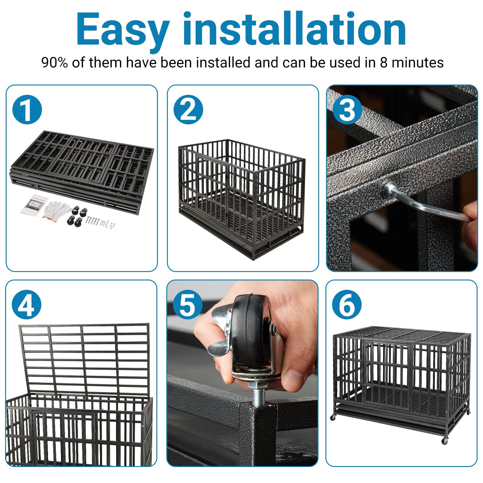 SHUSHIM 48 Inch Heavy Duty Dog Crate Kennel with Wheels, High Anxiety Indestructible Dog Crates for Large Dogs, XL XXL Extra Large Dog Crate with Removable Plastic Tray, Two Locks (Black, Square)