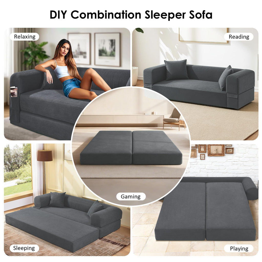 80” Convertible Sofa Bed, Cloud Boneless Couch Floor Sleeper Bed with Pillows, Corduroy Compression Sofa in Box, No Assembly Modular Lounge Couch for Living Room, Smog Gray
