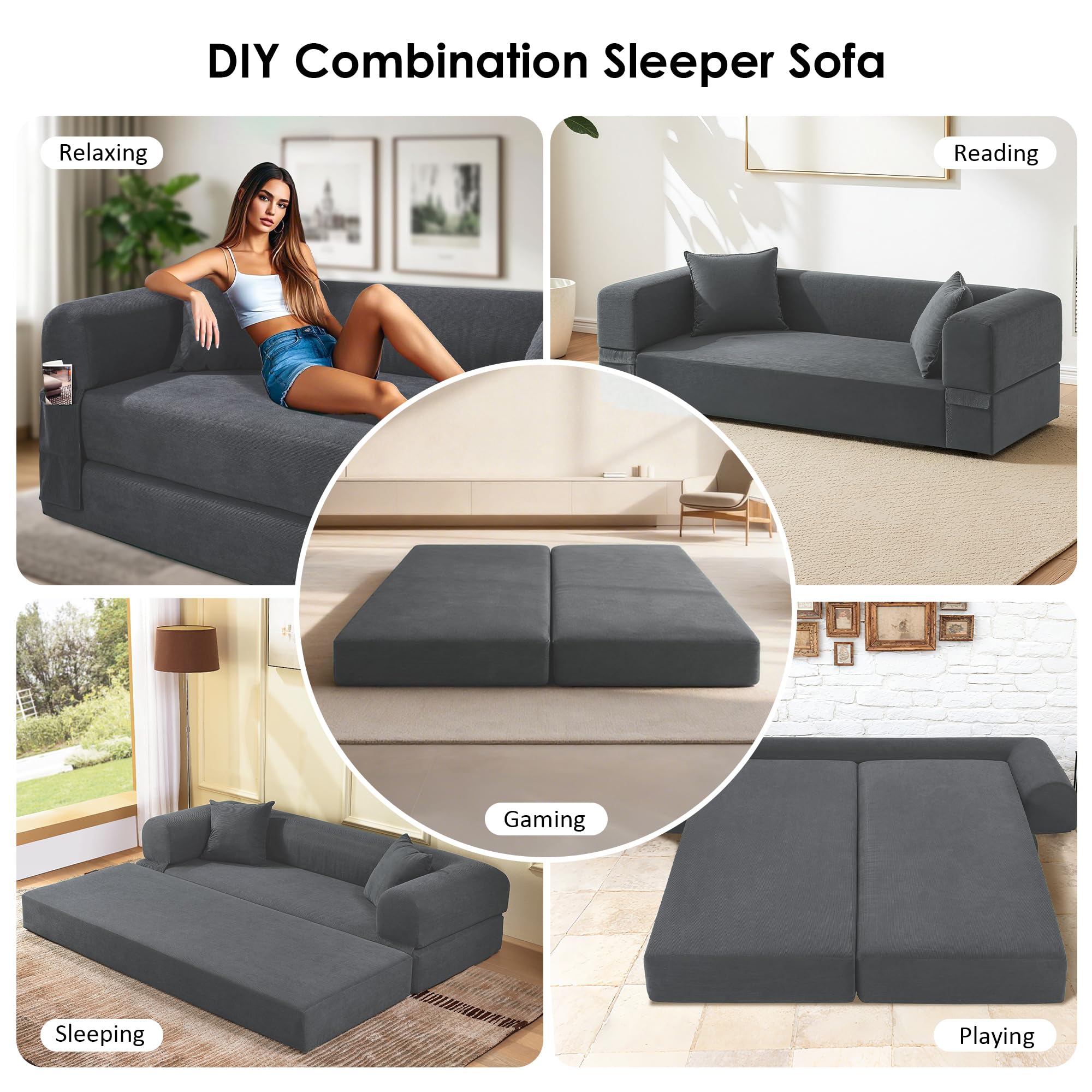 80” Convertible Sofa Bed, Cloud Boneless Couch Floor Sleeper Bed with Pillows, Corduroy Compression Sofa in Box, No Assembly Modular Lounge Couch for Living Room, Smog Gray